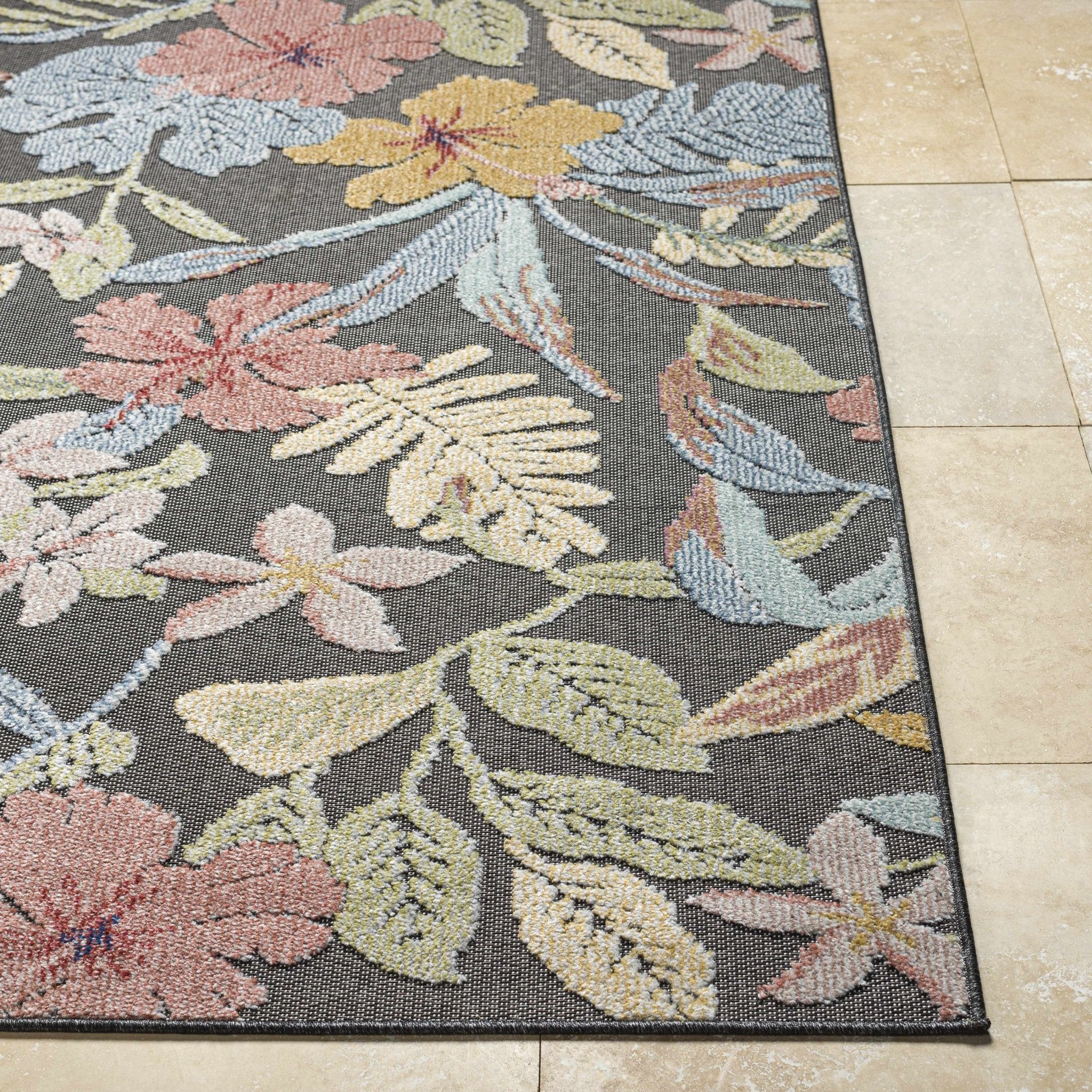 Traditional Floral Design Charcoal And Pink Machine Woven Outdoor Area Rug - Image 4