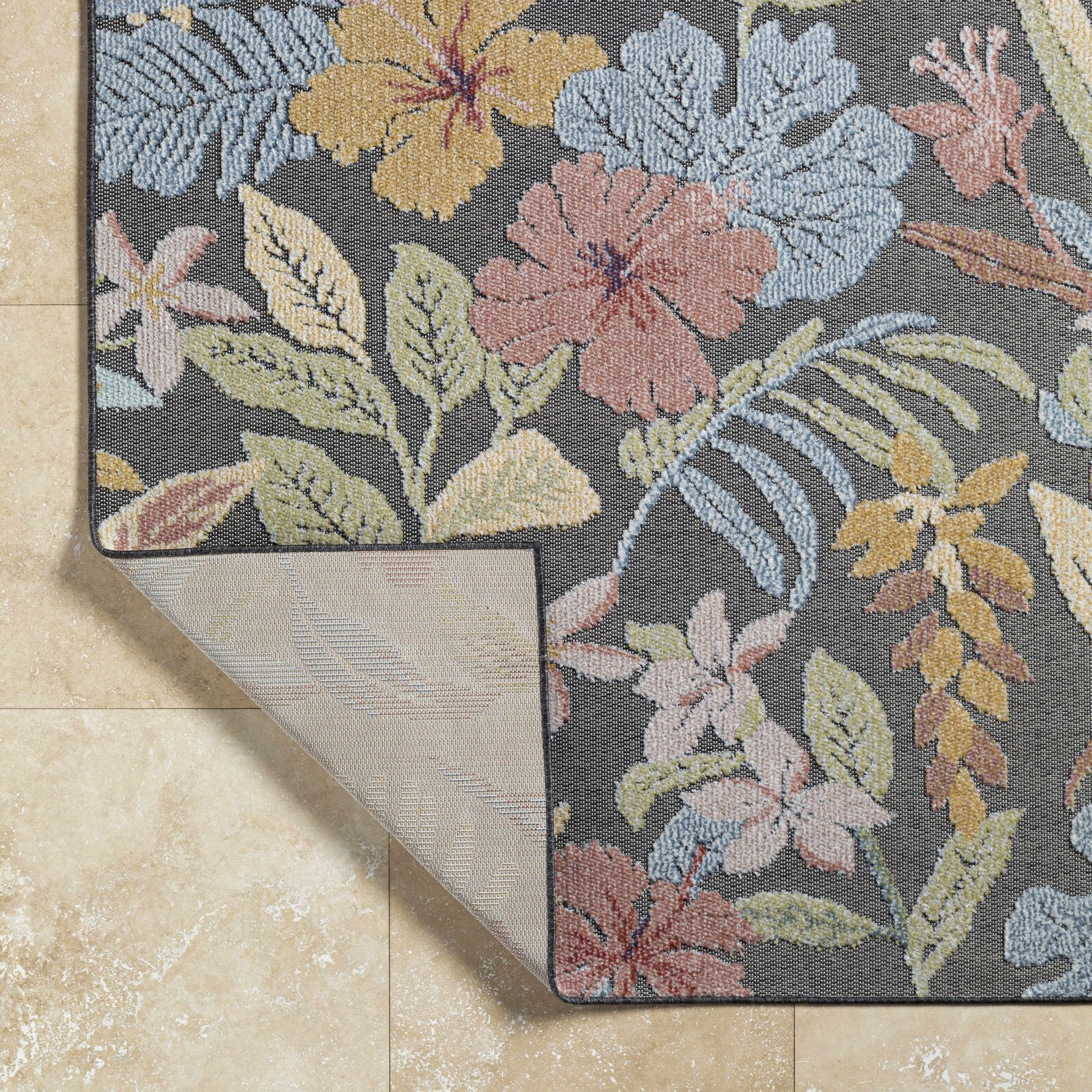 Traditional Floral Design Charcoal And Pink Machine Woven Outdoor Area Rug - Image 5