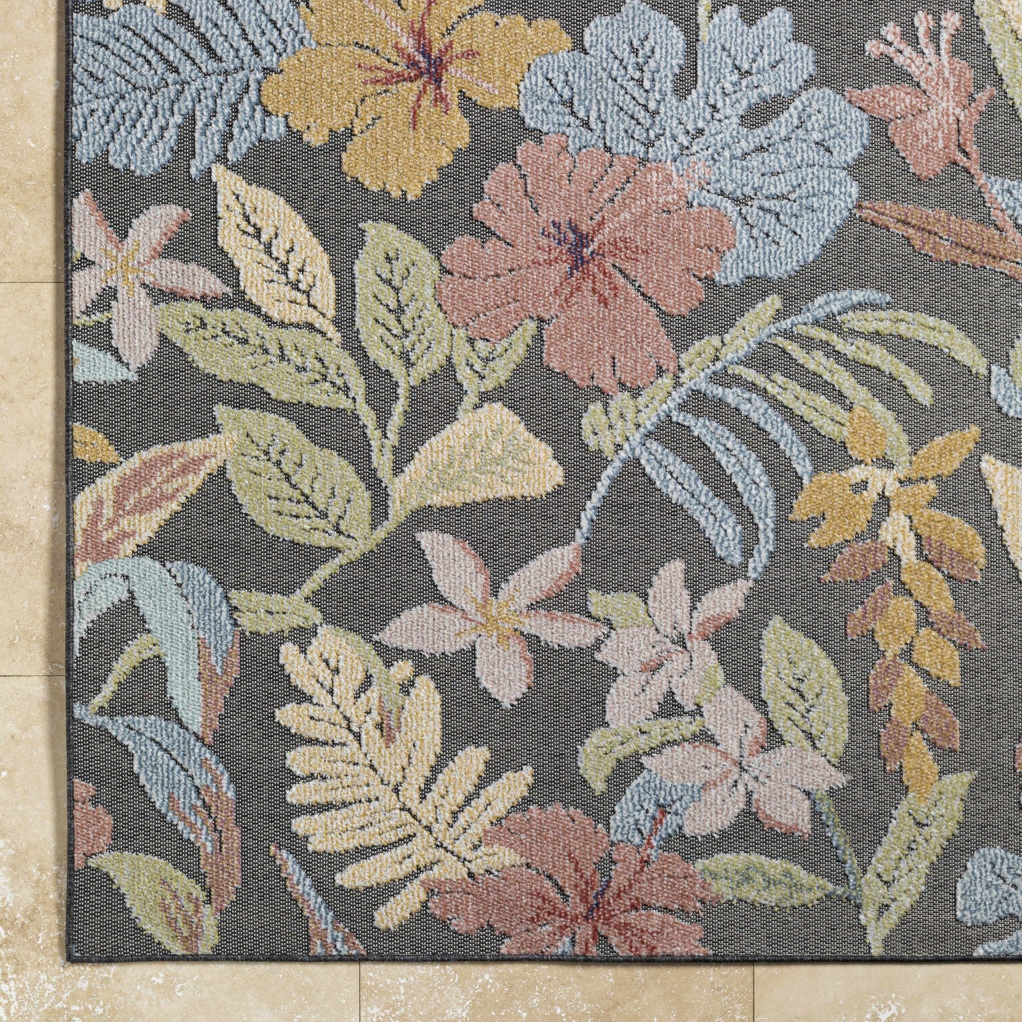 Traditional Floral Design Charcoal And Pink Machine Woven Outdoor Area Rug - Image 6