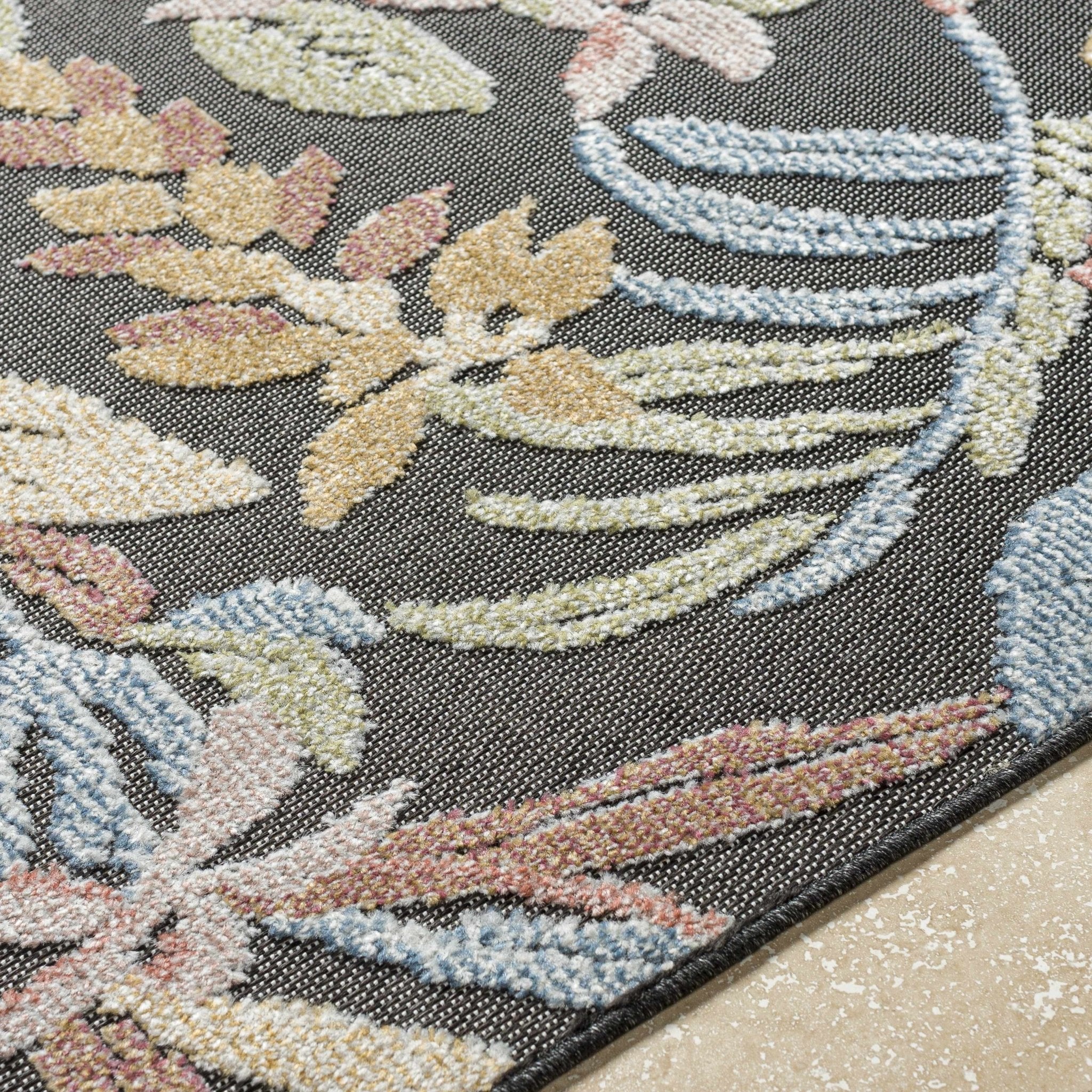 Traditional Floral Design Charcoal And Pink Machine Woven Outdoor Area Rug - Image 7