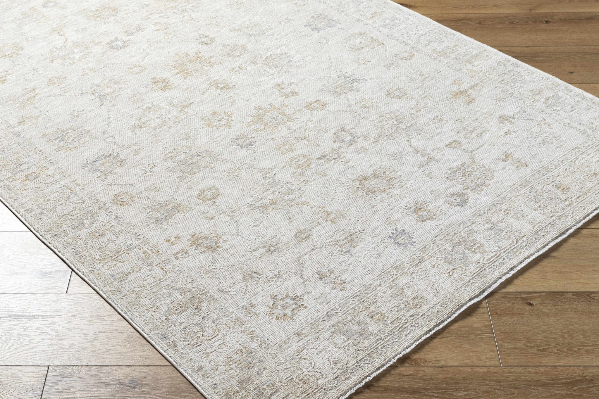 Traditional Floral Design Silver Machine Woven Area Rug - Image 3
