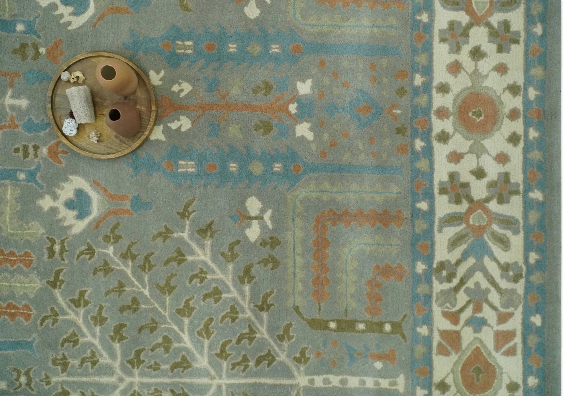 Tree of life Traditional Floral Gray, Beige, Green and Dark Peach Hand Tufted wool Area Rug - Image 10