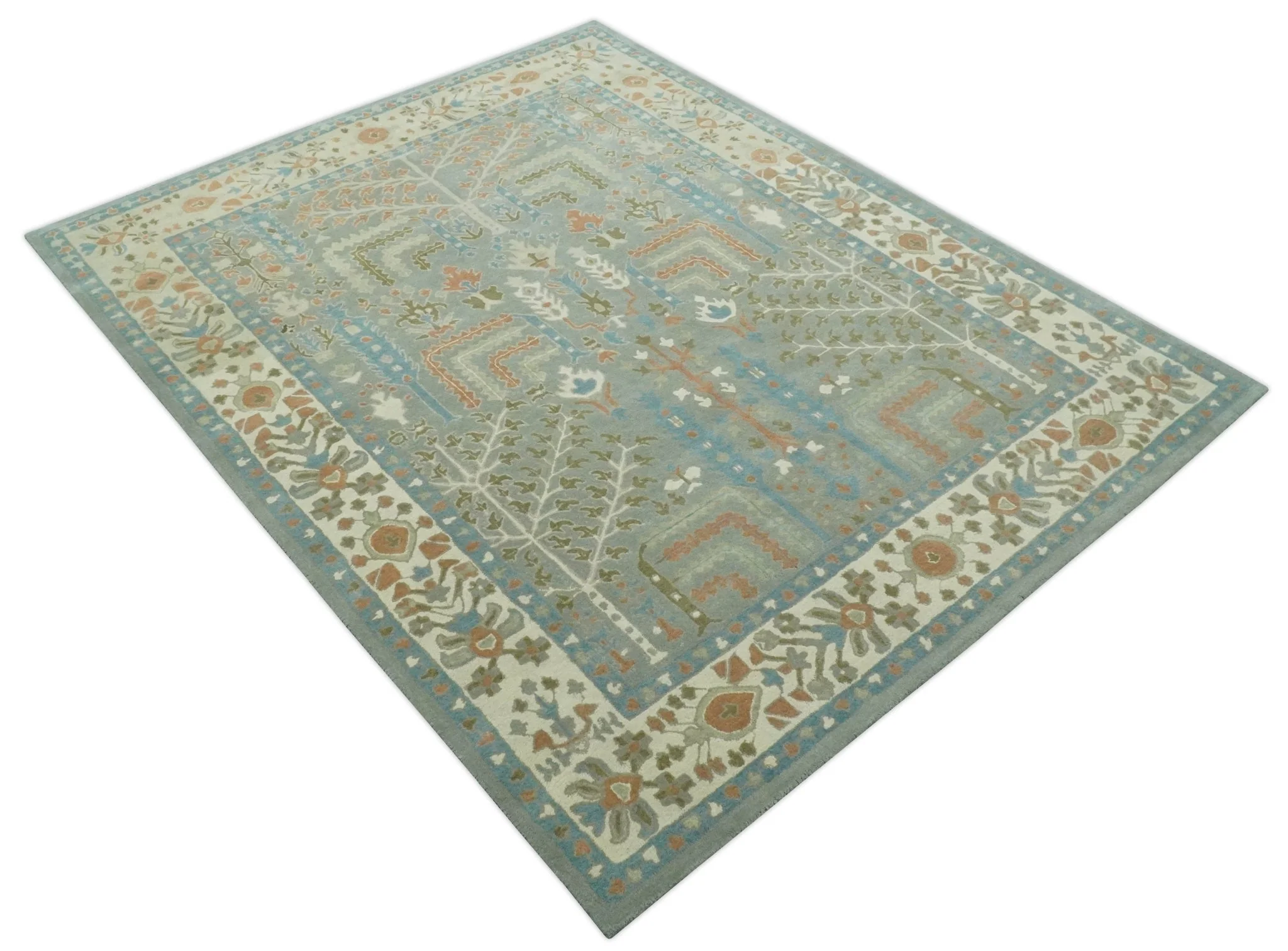 Tree of life Traditional Floral Gray, Beige, Green and Dark Peach Hand Tufted wool Area Rug - Image 11