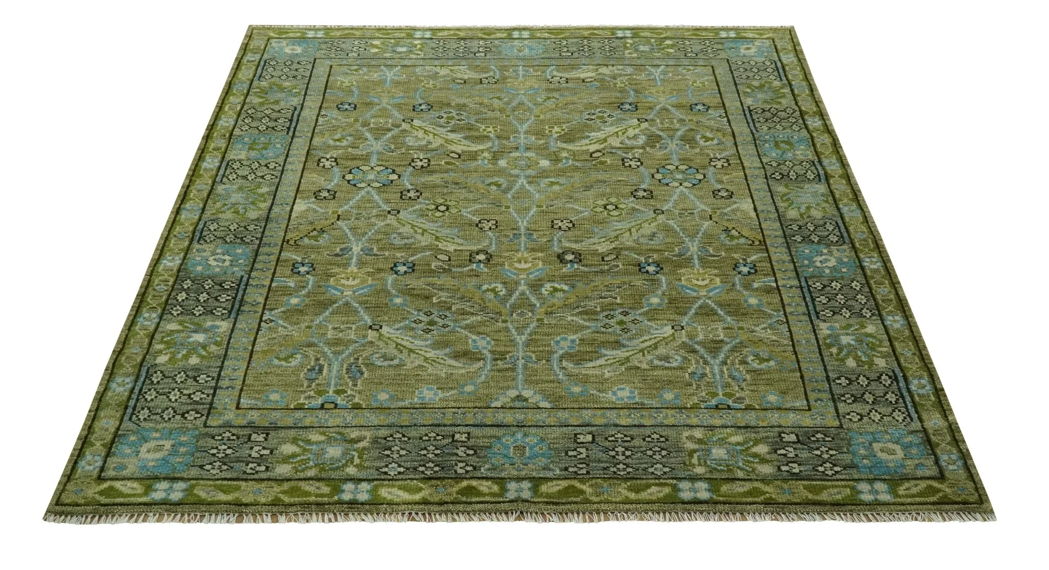 Custom Made Traditional Floral Green and Aqua Hand Knotted wool area rug - Image 10
