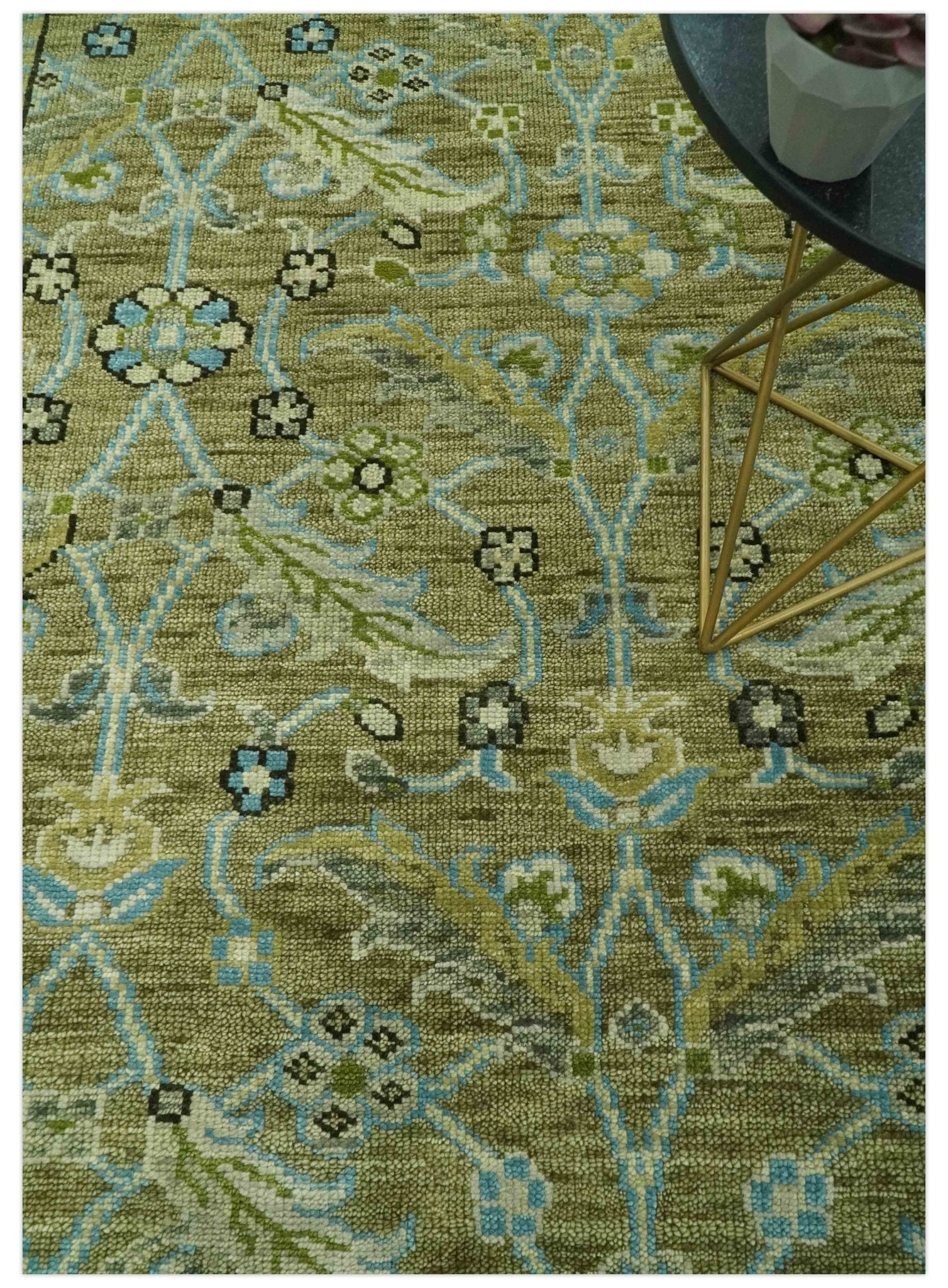 Custom Made Traditional Floral Green and Aqua Hand Knotted wool area rug - Image 2