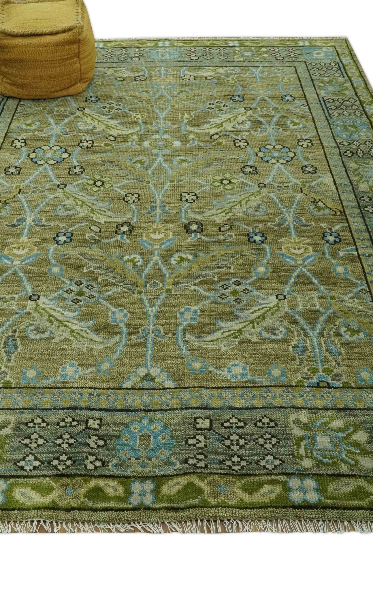 Custom Made Traditional Floral Green and Aqua Hand Knotted wool area rug - Image 3