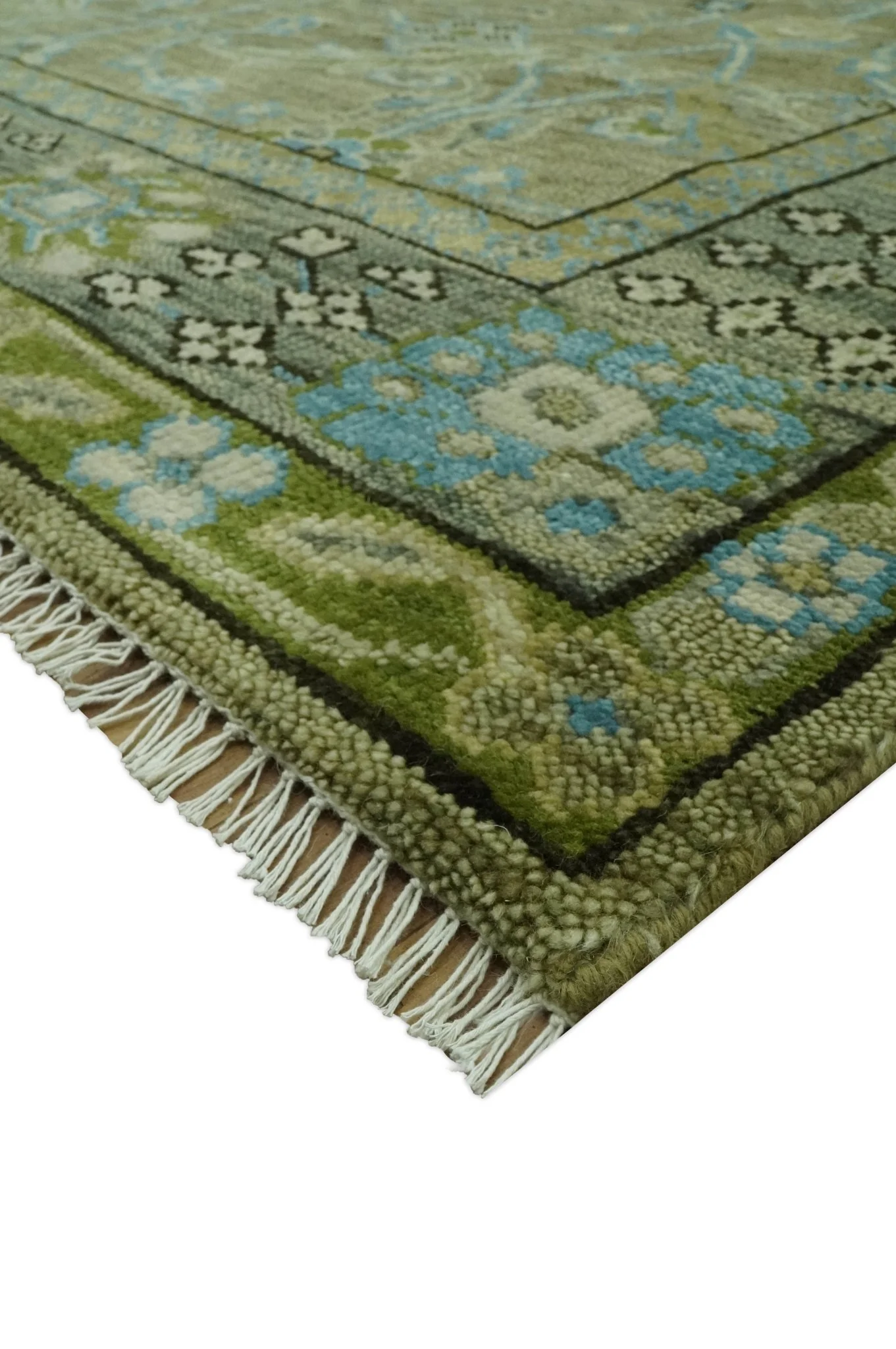 Custom Made Traditional Floral Green and Aqua Hand Knotted wool area rug - Image 5