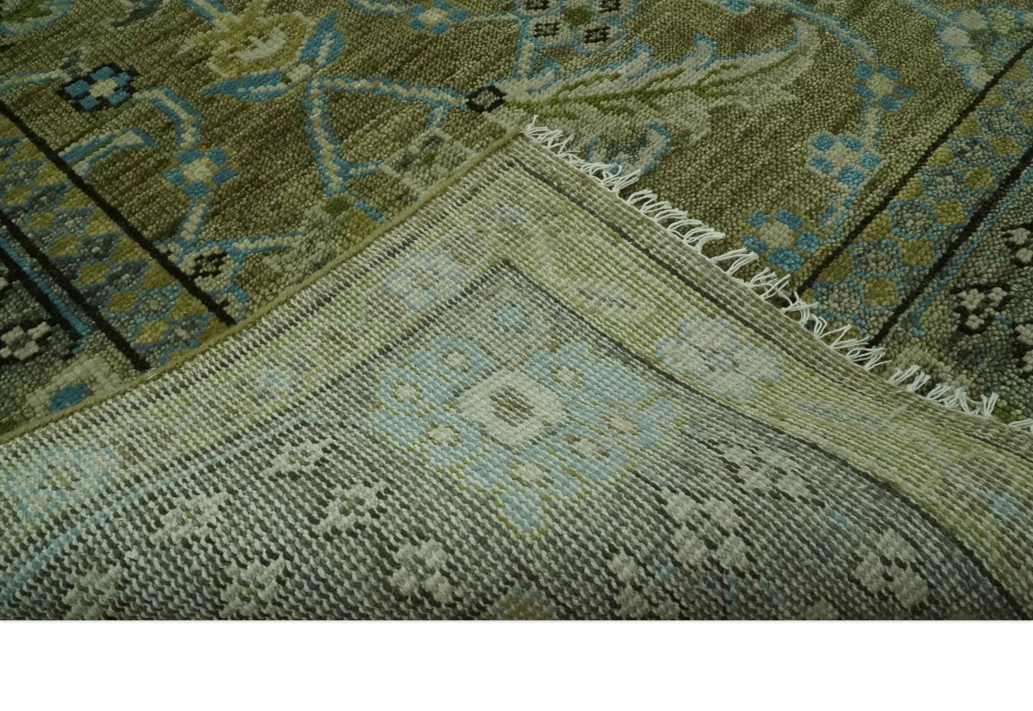 Traditional Floral Green and Aqua Hand Knotted 8x10 wool area rug - Image 7