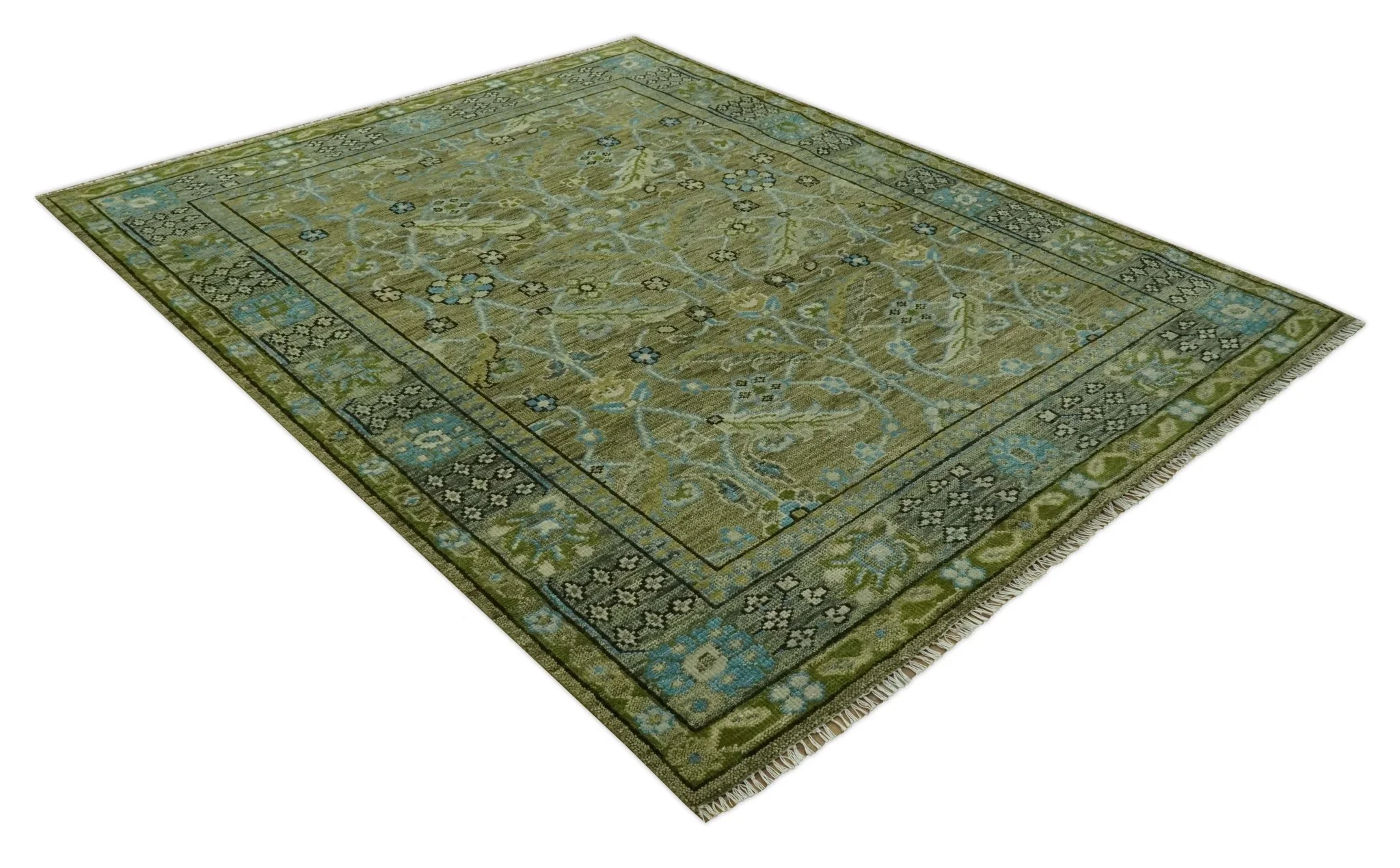 Traditional Floral Green and Aqua Hand Knotted 8x10 wool area rug - Image 9