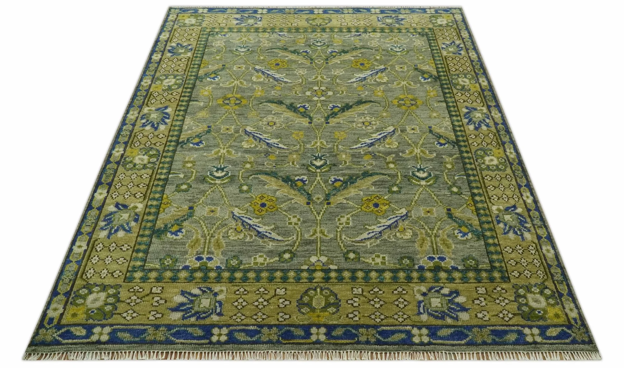 Custom Made Traditional Floral Green and Blue Hand Knotted wool area rug - Image 10