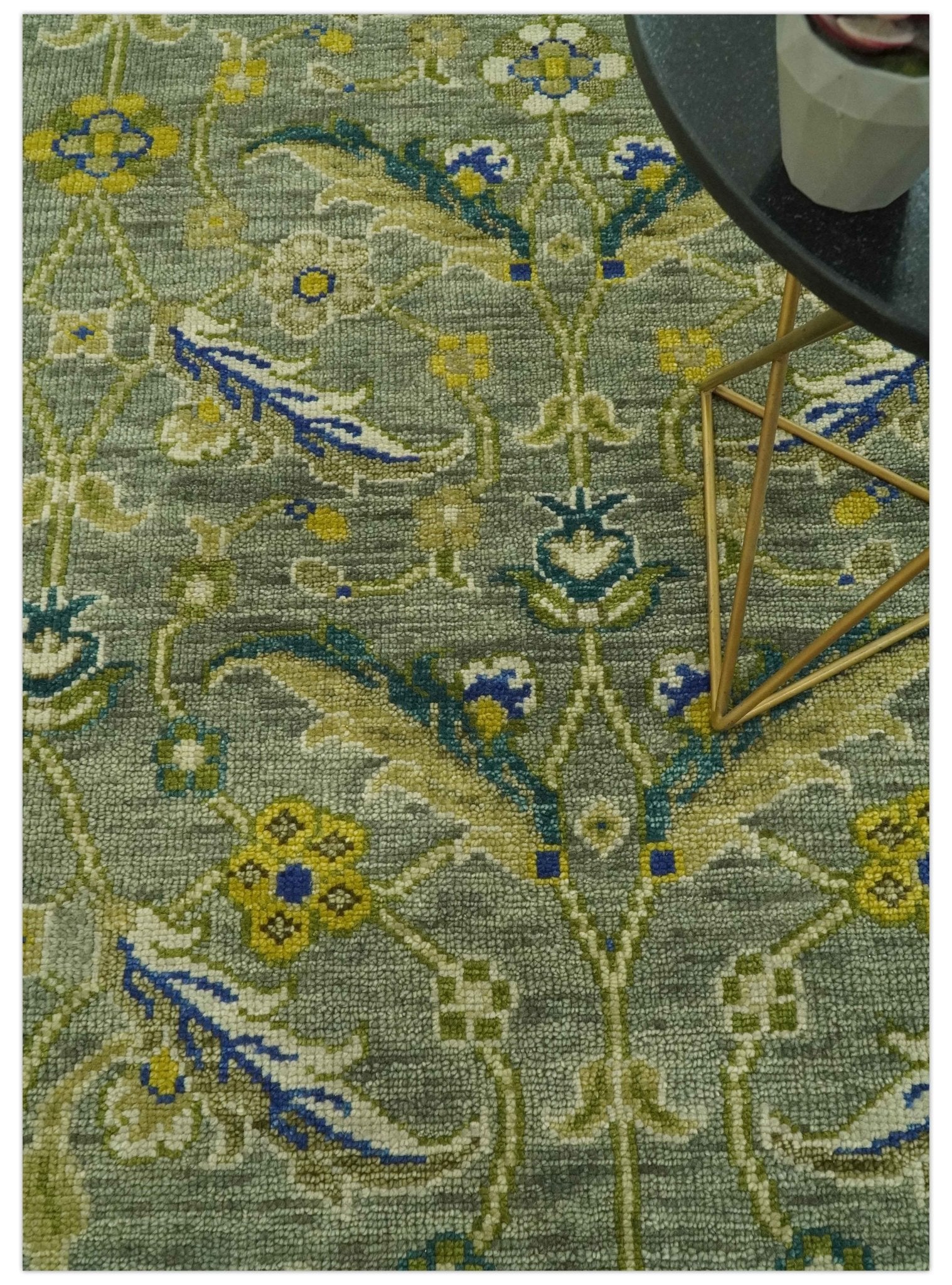 Custom Made Traditional Floral Green and Blue Hand Knotted wool area rug - Image 2