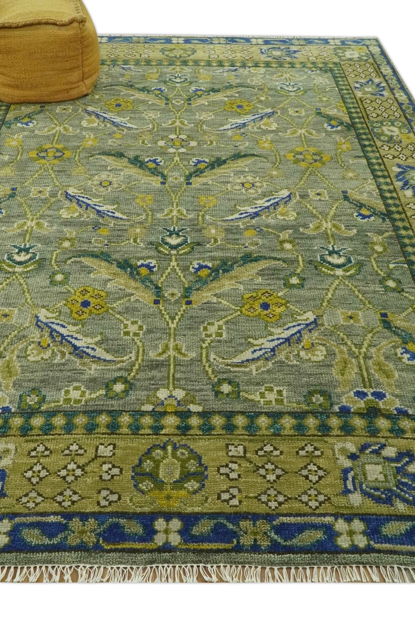 Custom Made Traditional Floral Green and Blue Hand Knotted wool area rug - Image 3