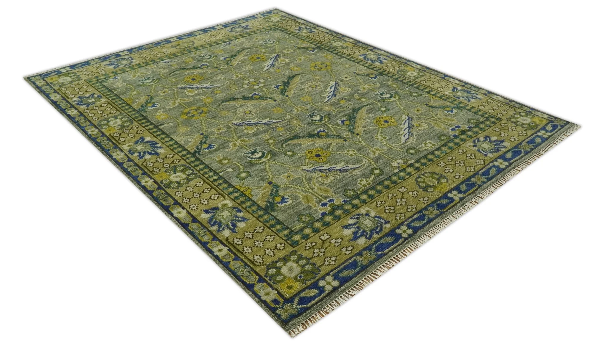 8x10 Traditional Floral Green and Blue Hand Knotted wool area rug - Image 9
