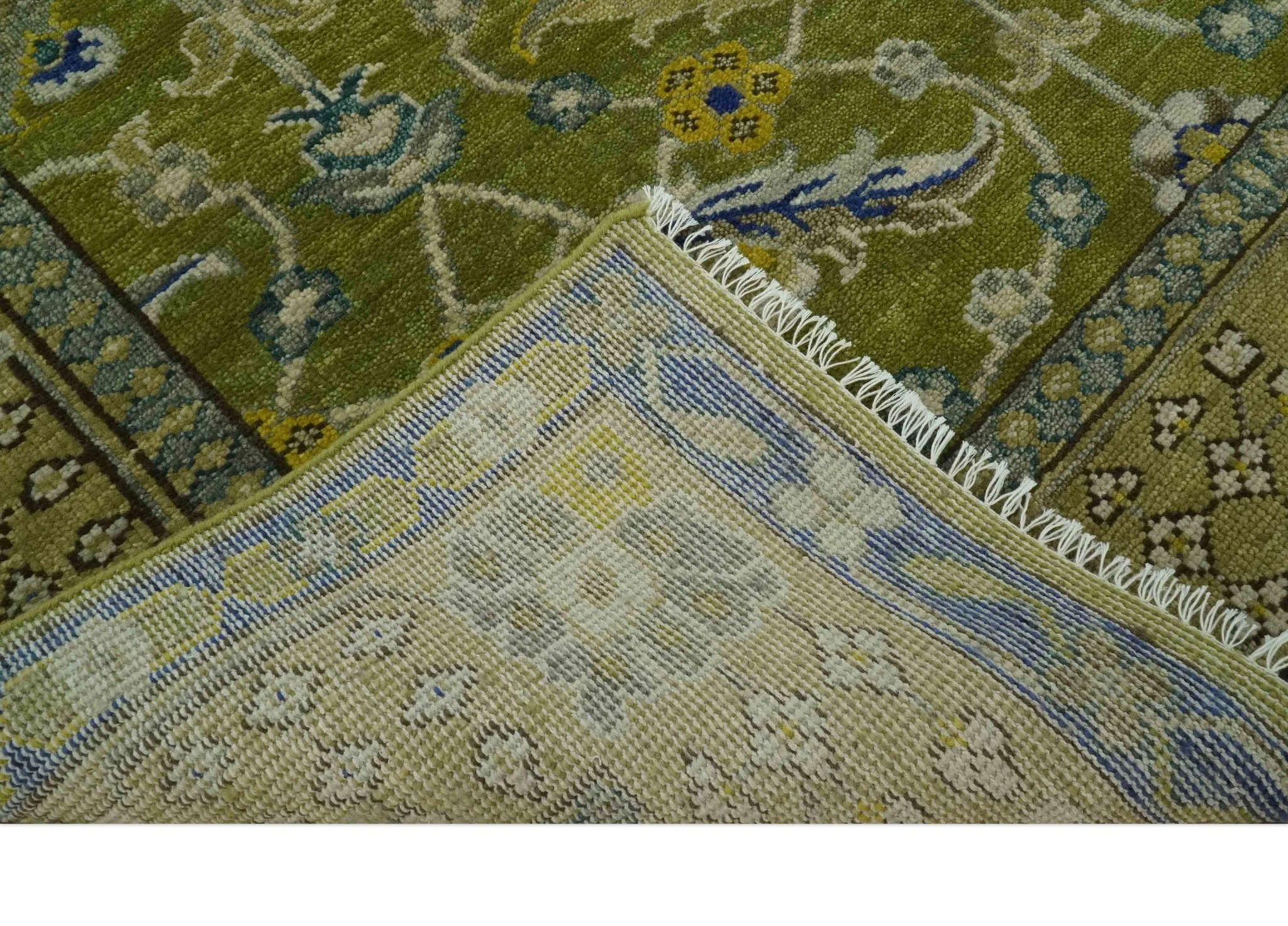 Traditional Floral Green and Blue Hand Knotted Multi size wool area rug - Image 8