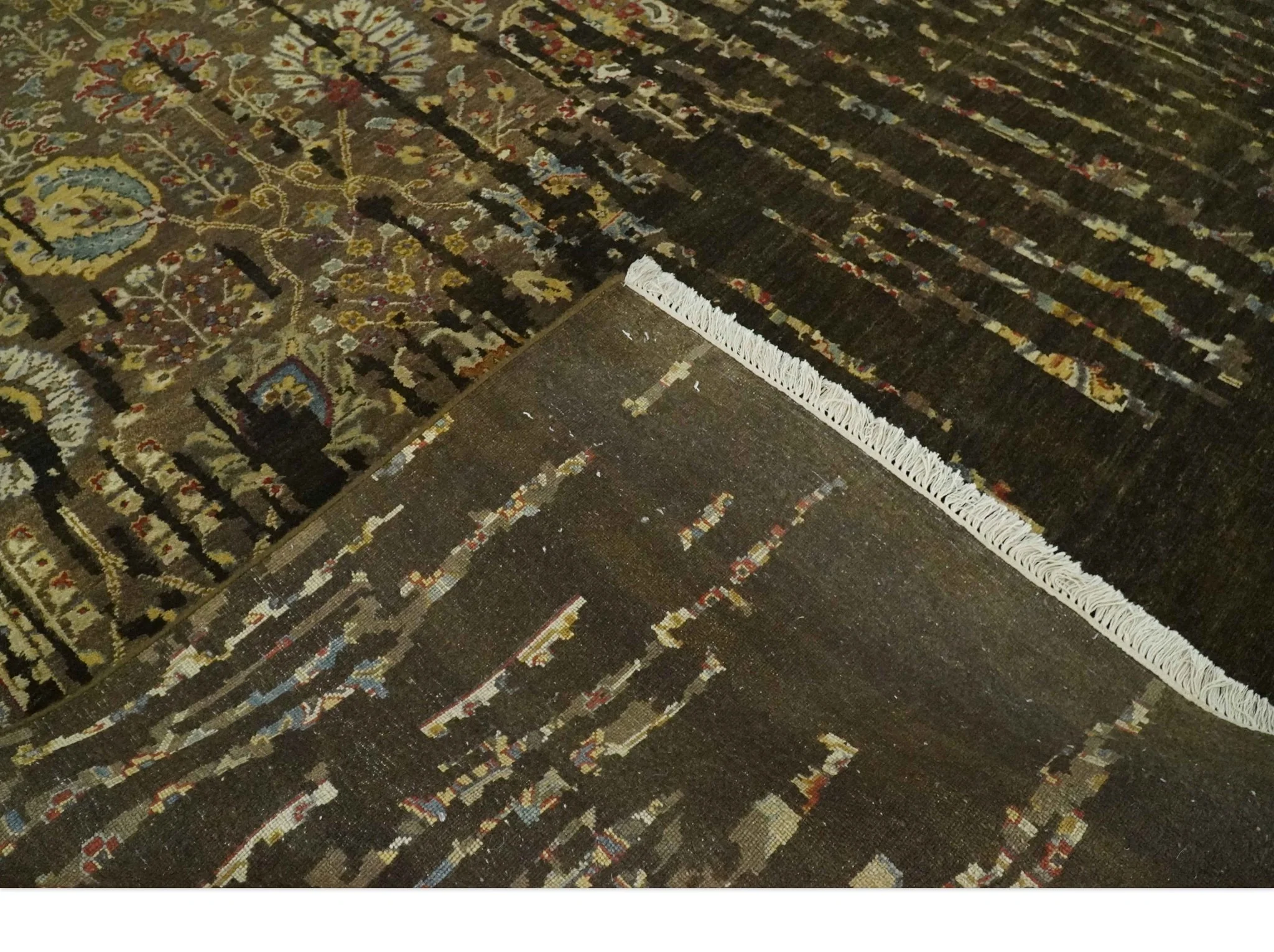 Premium Fine Transitional Brown and Olive Antique hand knotted wool Area Rug - Image 7