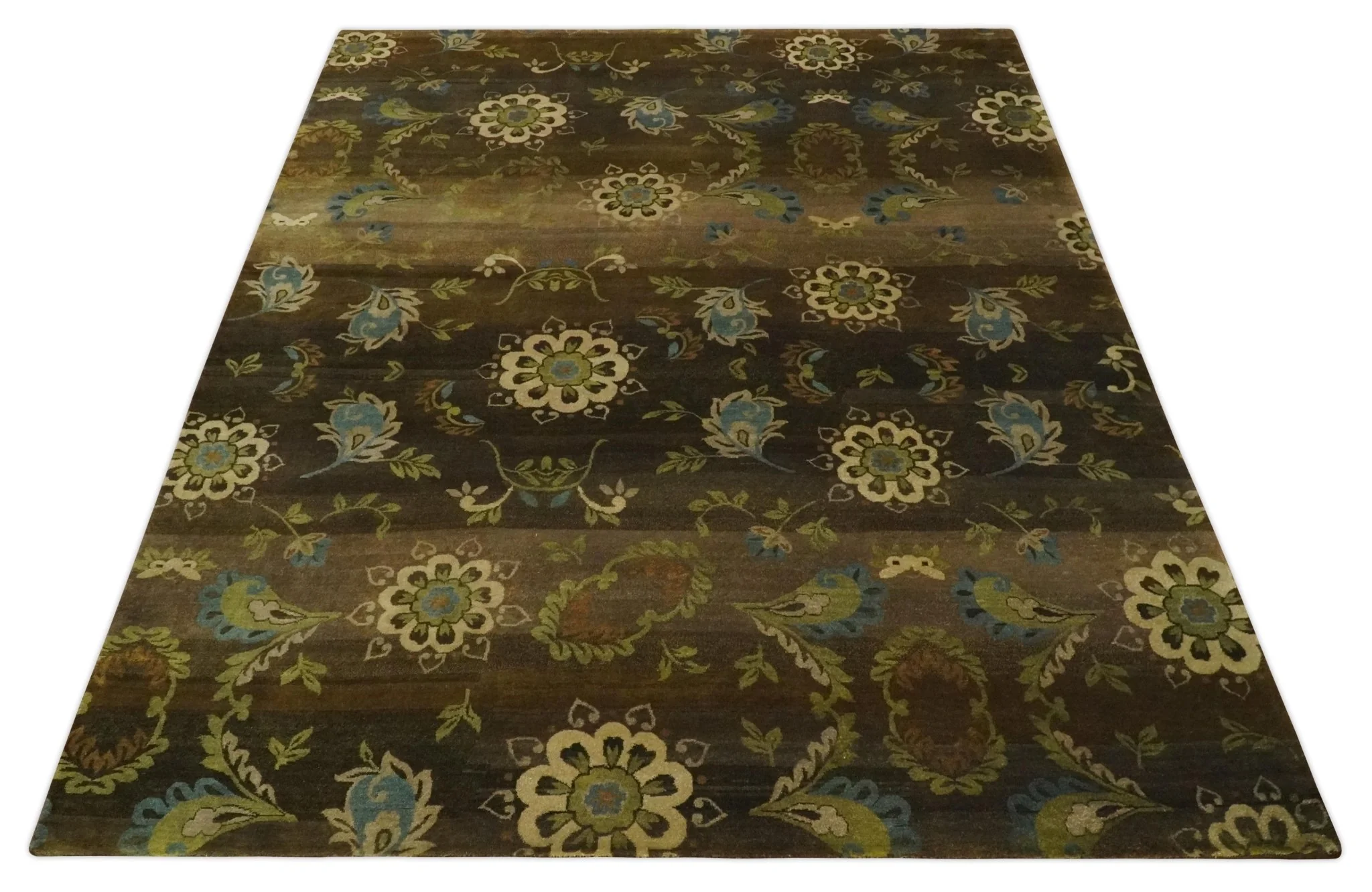 Traditional Floral Green, Beige, Brown and Teal Fine Hand knotted wool Area Rug - Image 10