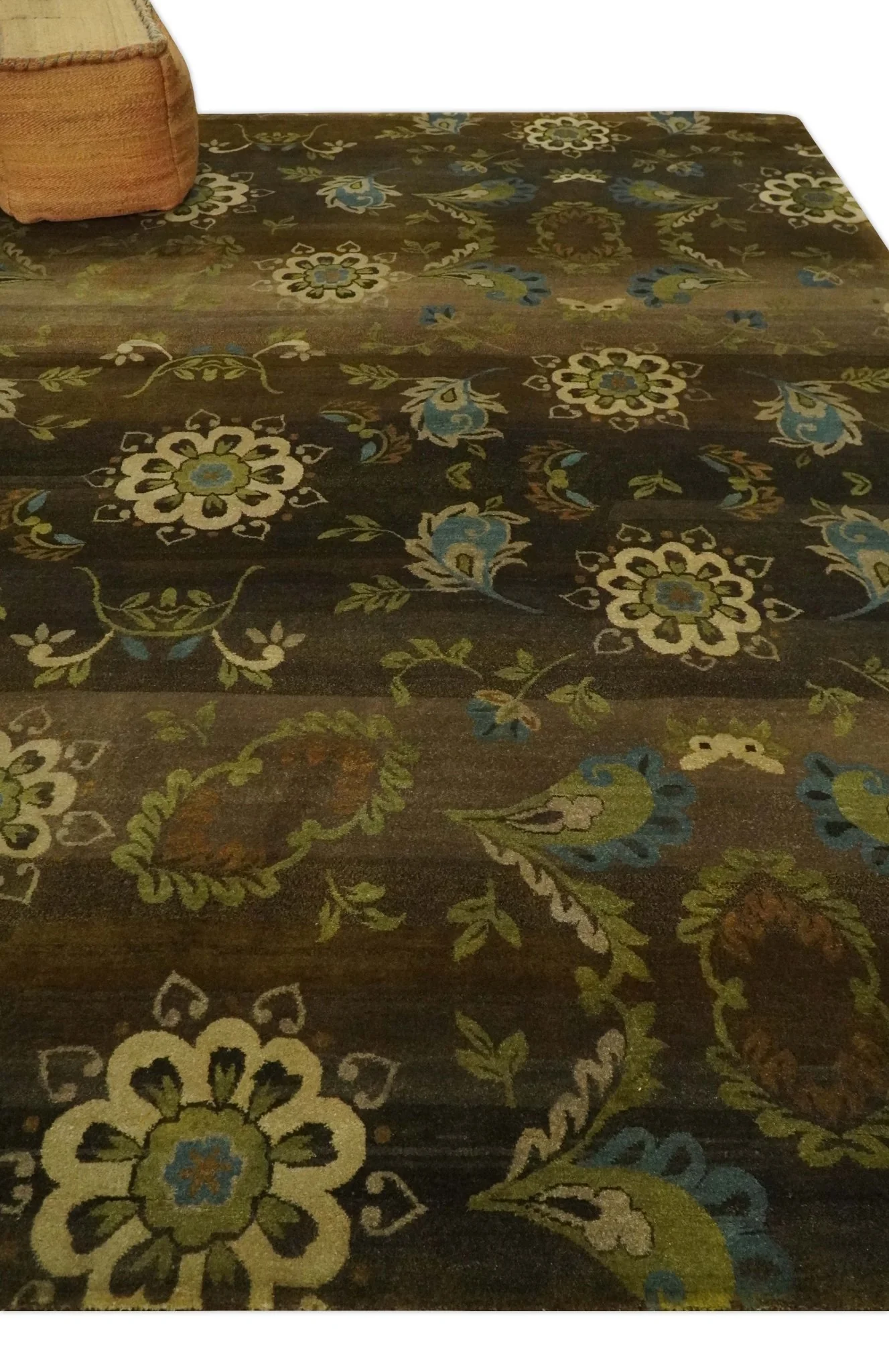Traditional Floral Green, Beige, Brown and Teal Fine Hand knotted wool Area Rug - Image 3