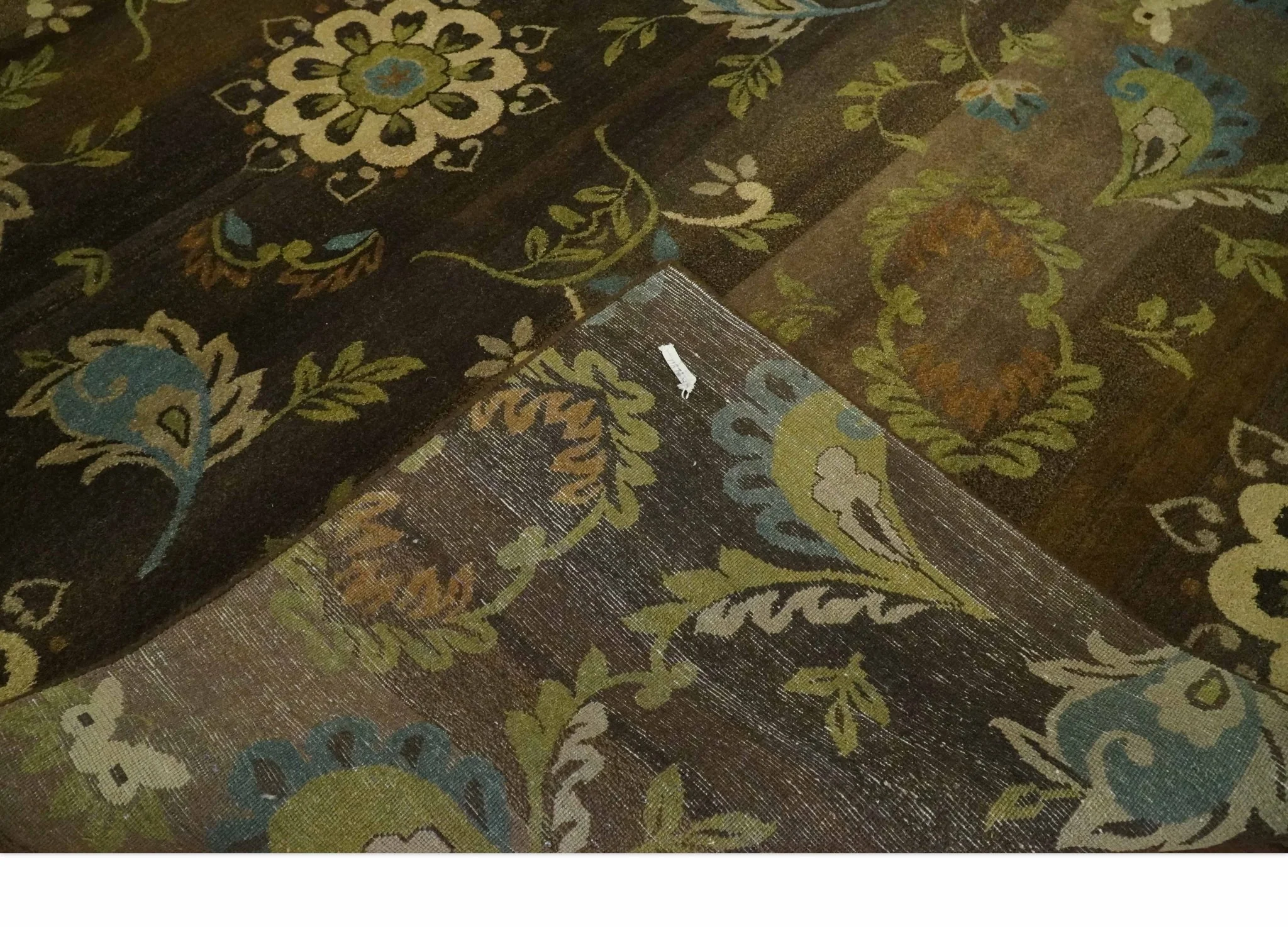 Traditional Floral Green, Beige, Brown and Teal Fine Hand knotted wool Area Rug - Image 6