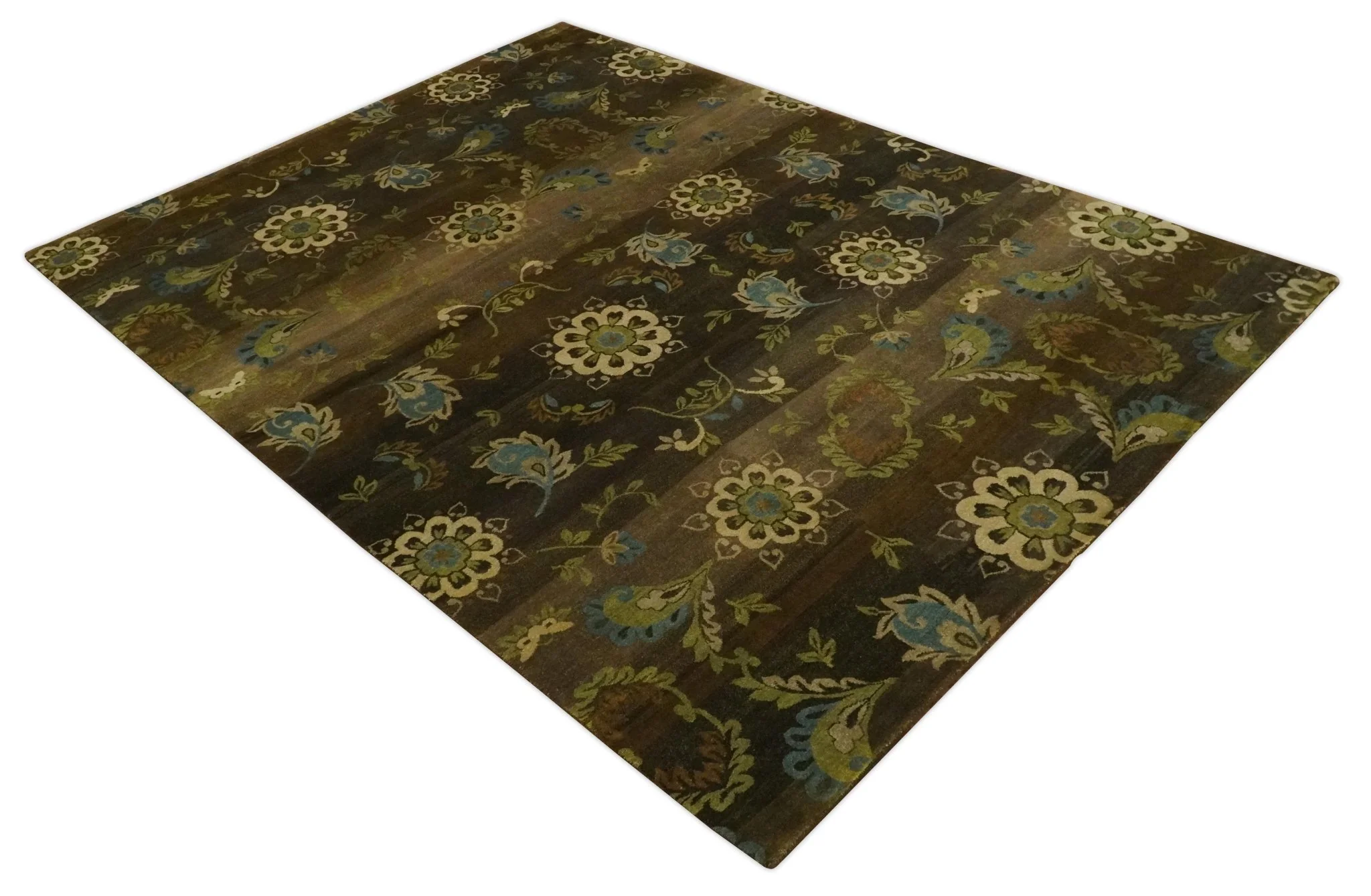 Traditional Floral Green, Beige, Brown and Teal Fine Hand knotted wool Area Rug - Image 9