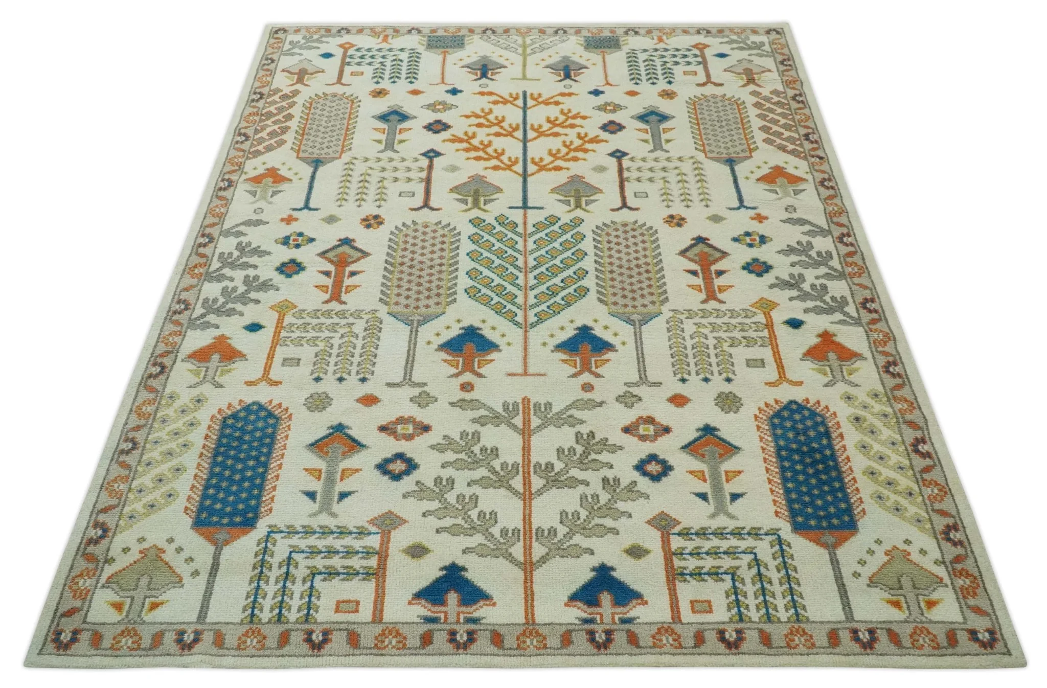 Tree of life Traditional Floral Ivory, Blue and Rust Hand Knotted Multi Size Wool Area Rug - Image 10