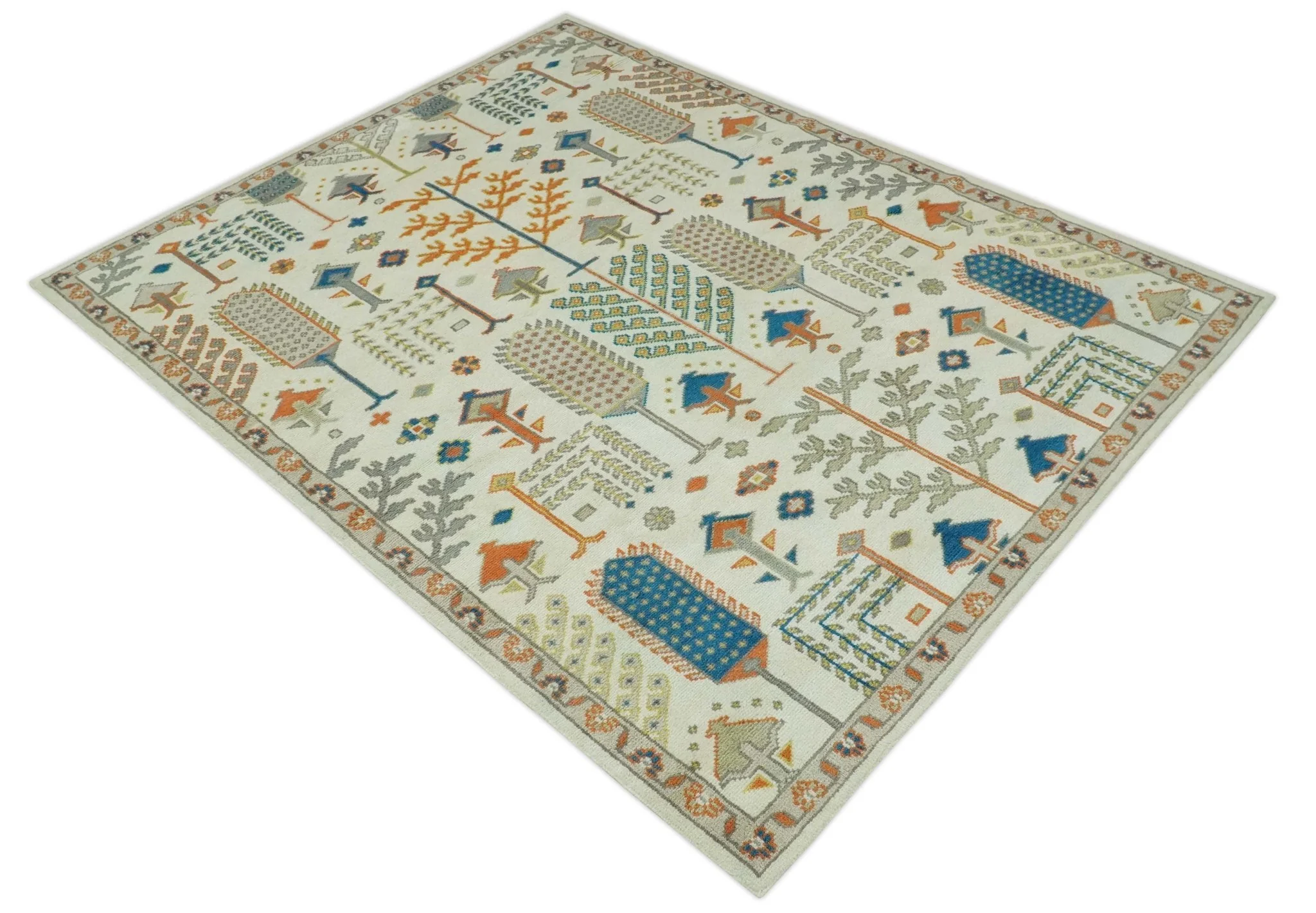 Tree of life Traditional Floral Ivory, Blue and Rust Hand Knotted Multi Size Wool Area Rug - Image 11