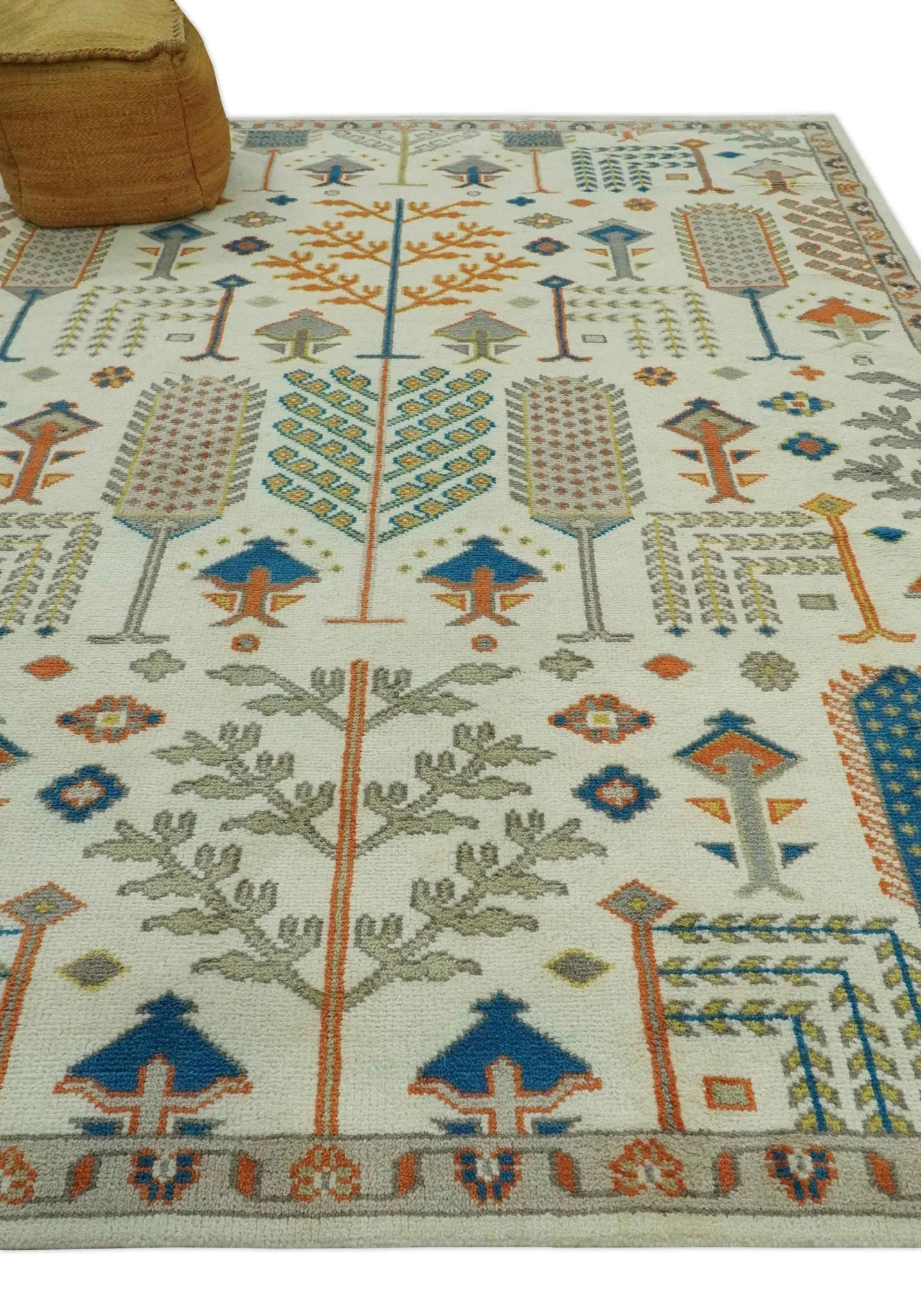 Tree of life Traditional Floral Ivory, Blue and Rust Hand Knotted Multi Size Wool Area Rug - Image 4