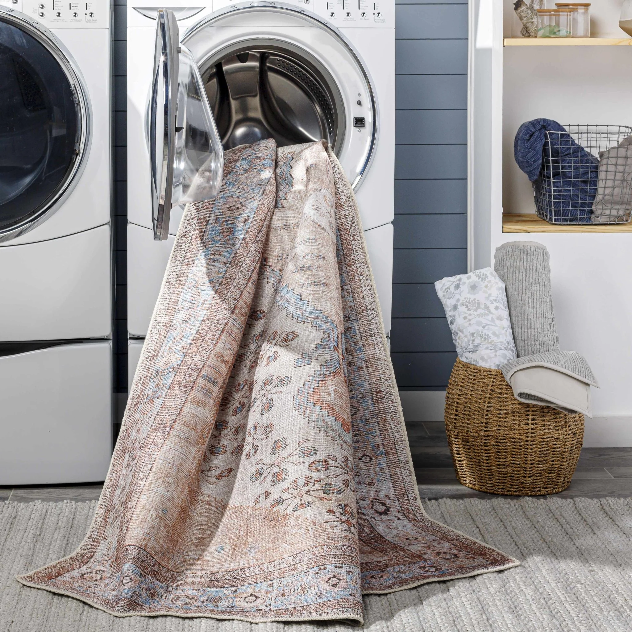 Chic Traditional Floral Ivory, Peach and Blue Machine washable Area Rug - Image 13