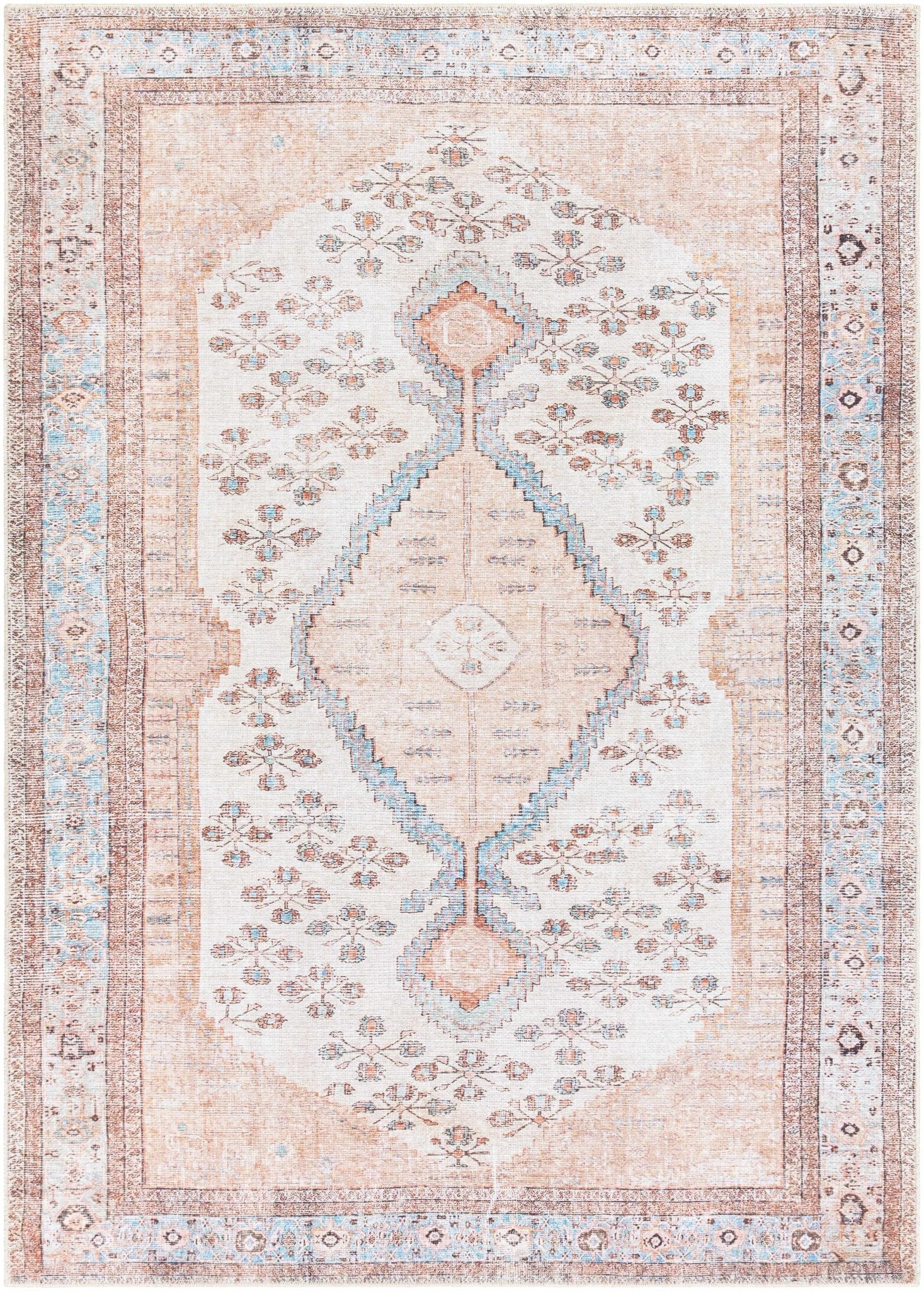 Chic Traditional Floral Ivory, Peach and Blue Machine washable Area Rug - Image 14