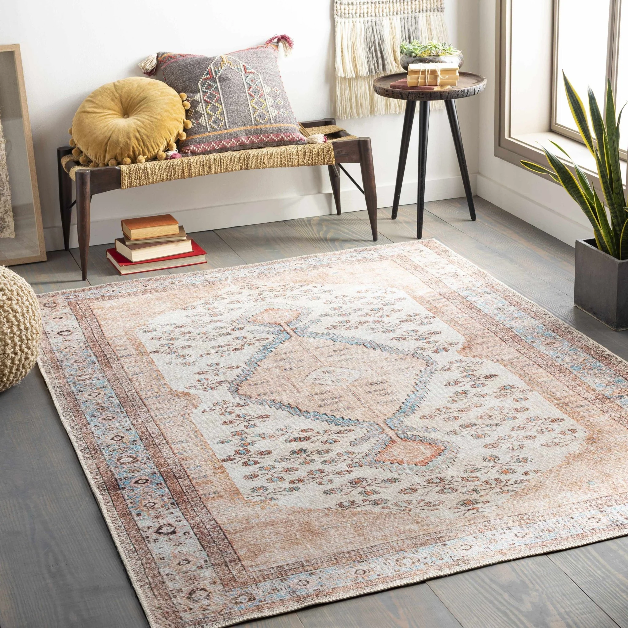 Chic Traditional Floral Ivory, Peach and Blue Machine washable Area Rug - Image 3