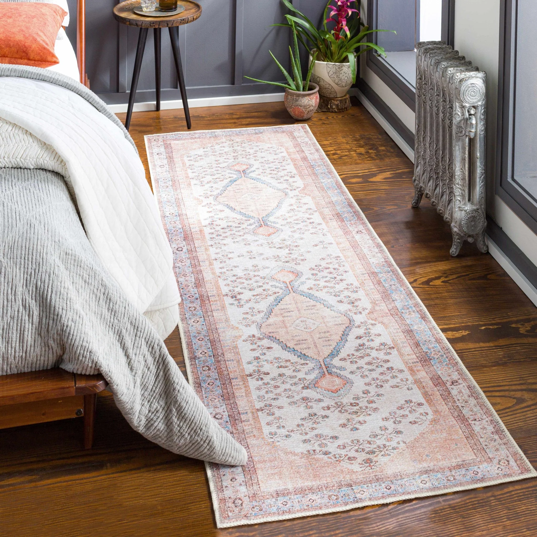 Chic Traditional Floral Ivory, Peach and Blue Machine washable Area Rug - Image 5