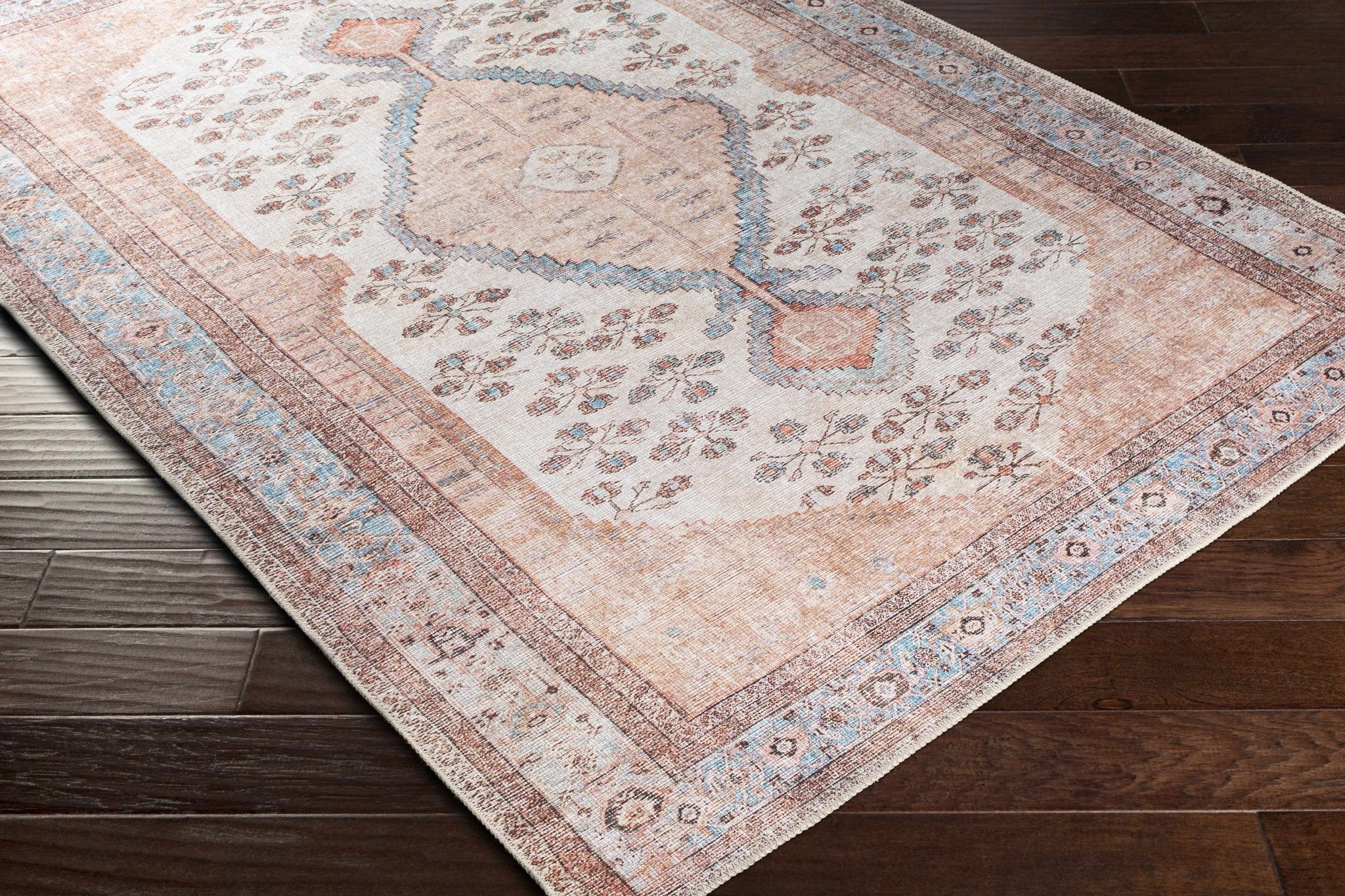 Chic Traditional Floral Ivory, Peach and Blue Machine washable Area Rug - Image 7