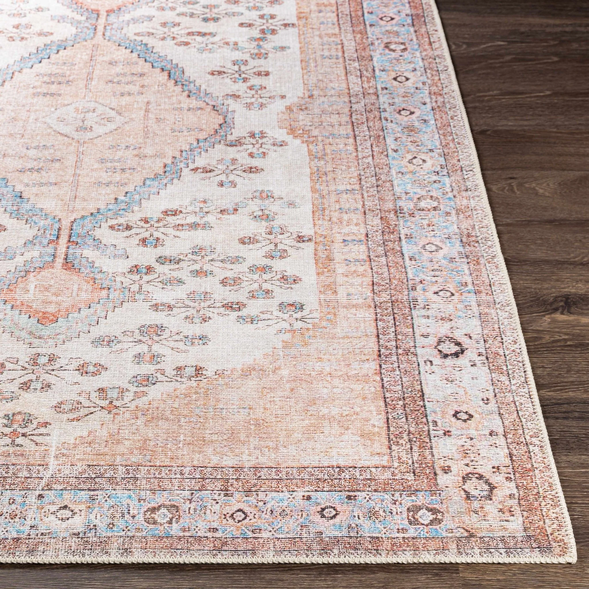 Chic Traditional Floral Ivory, Peach and Blue Machine washable Area Rug - Image 8