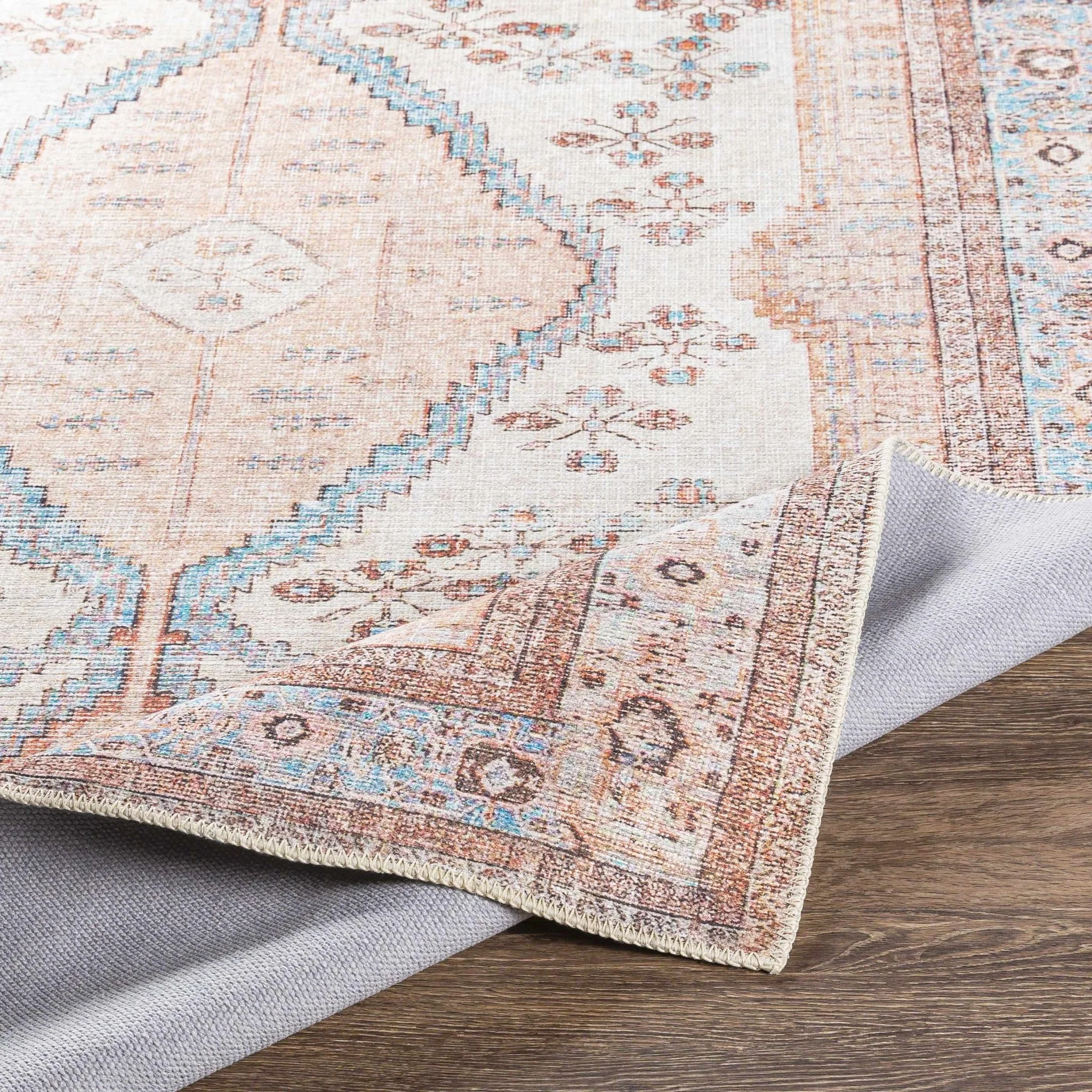 Chic Traditional Floral Ivory, Peach and Blue Machine washable Area Rug - Image 9