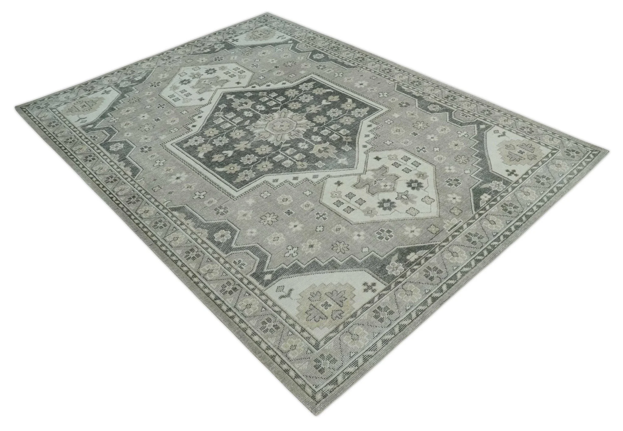Custom Made Hand Knotted Silver, Charcoal and Ivory Traditional Medallion Wool Area Rug - Image 10