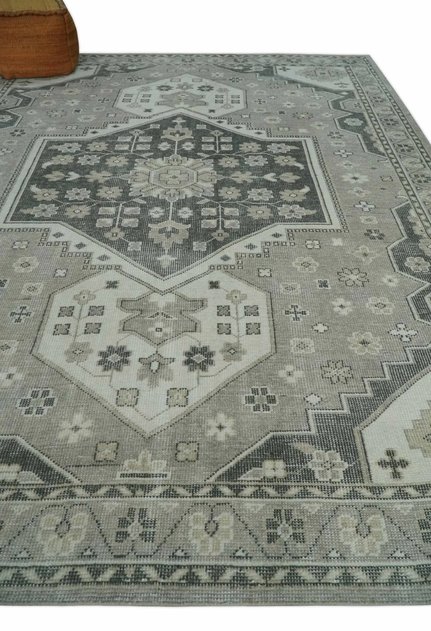 Custom Made Hand Knotted Silver, Charcoal and Ivory Traditional Medallion Wool Area Rug - Image 3