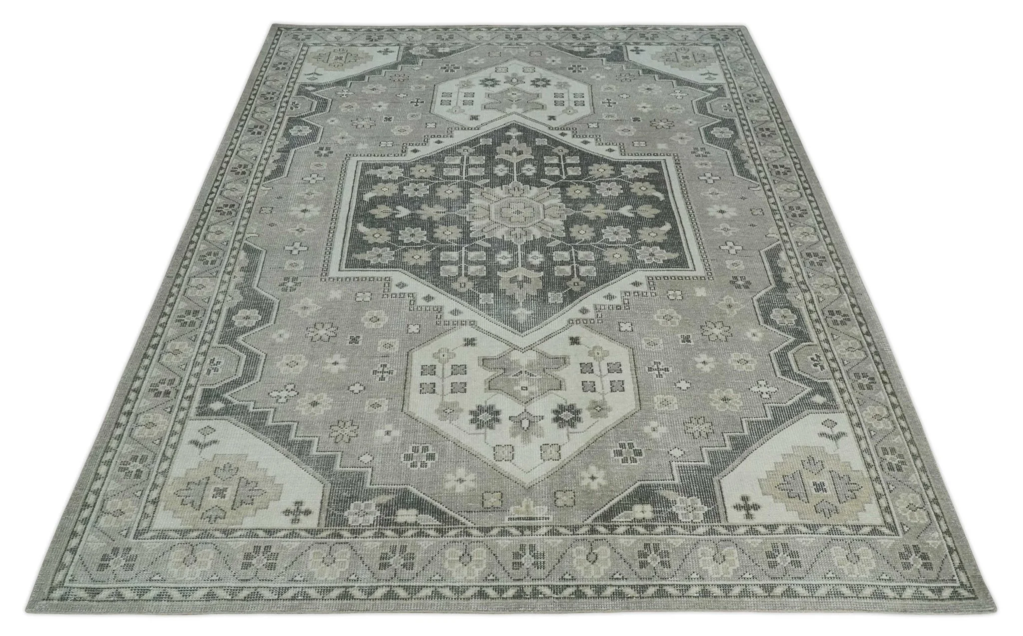 Custom Made Hand Knotted Silver, Charcoal and Ivory Traditional Medallion Wool Area Rug - Image 9