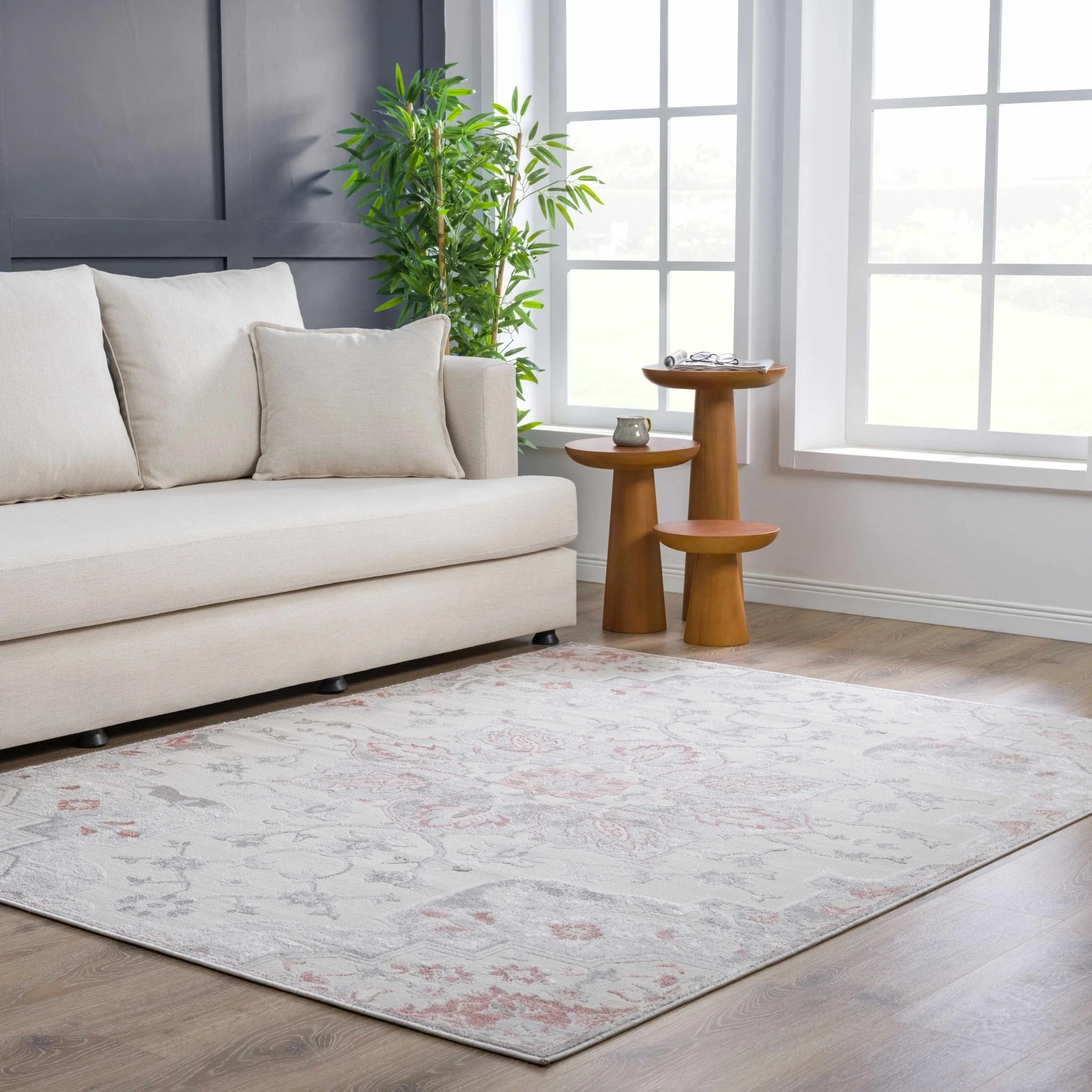 Traditional Floral Medallion Ivory, Silver and Peach Area Rug - Image 14