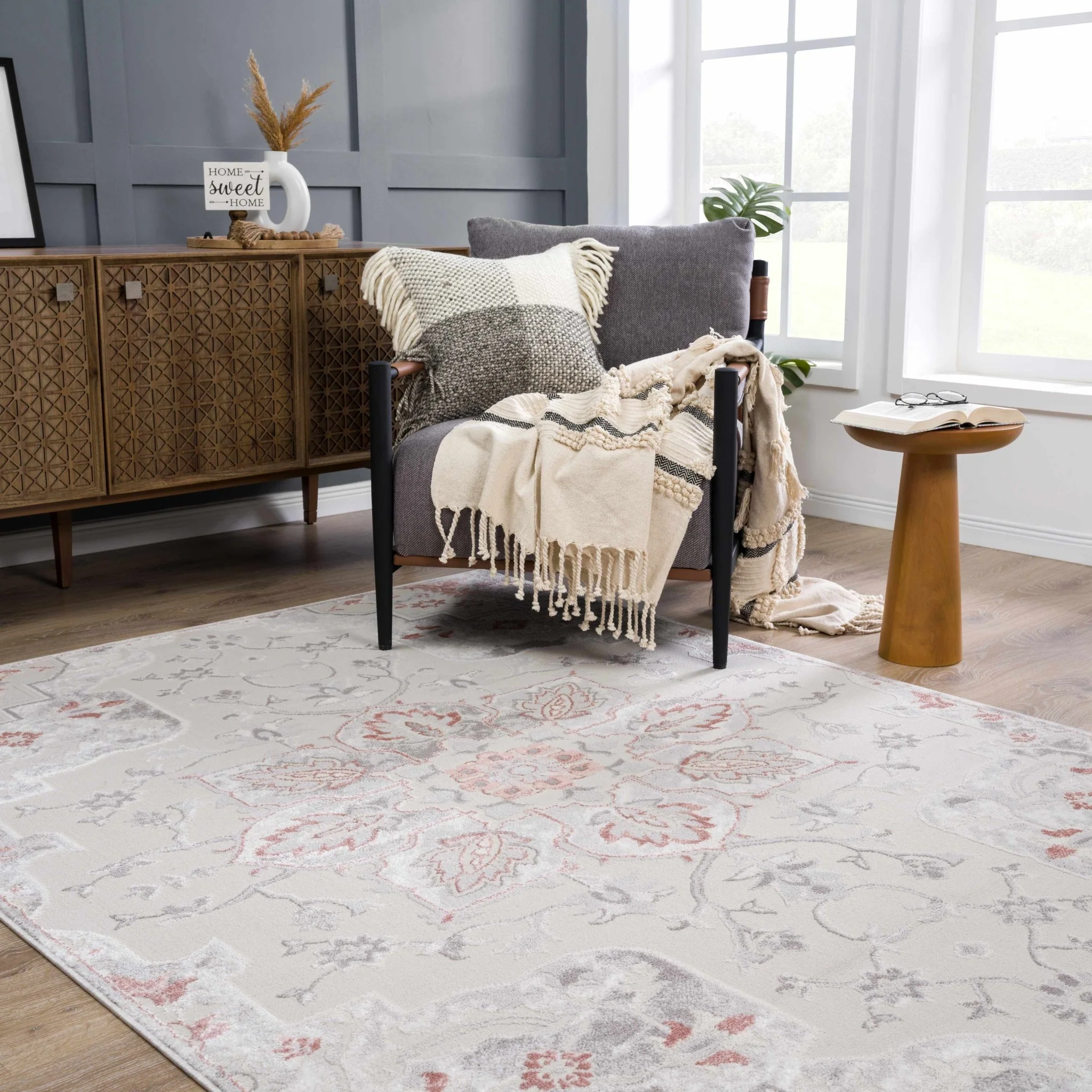 Traditional Floral Medallion Ivory, Silver and Peach Area Rug - Image 2