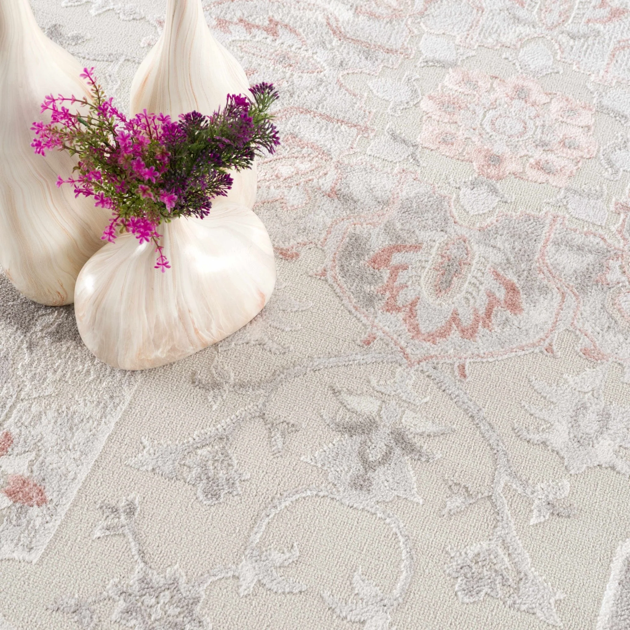 Traditional Floral Medallion Ivory, Silver and Peach Area Rug - Image 4