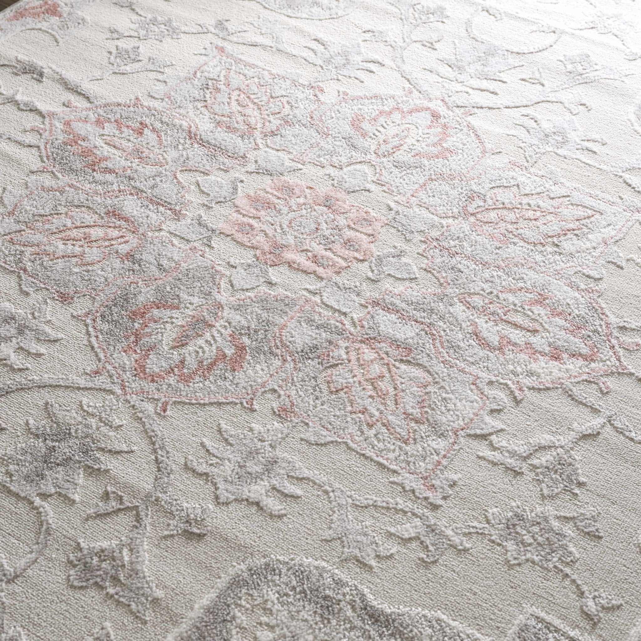 Traditional Floral Medallion Ivory, Silver and Peach Area Rug - Image 6