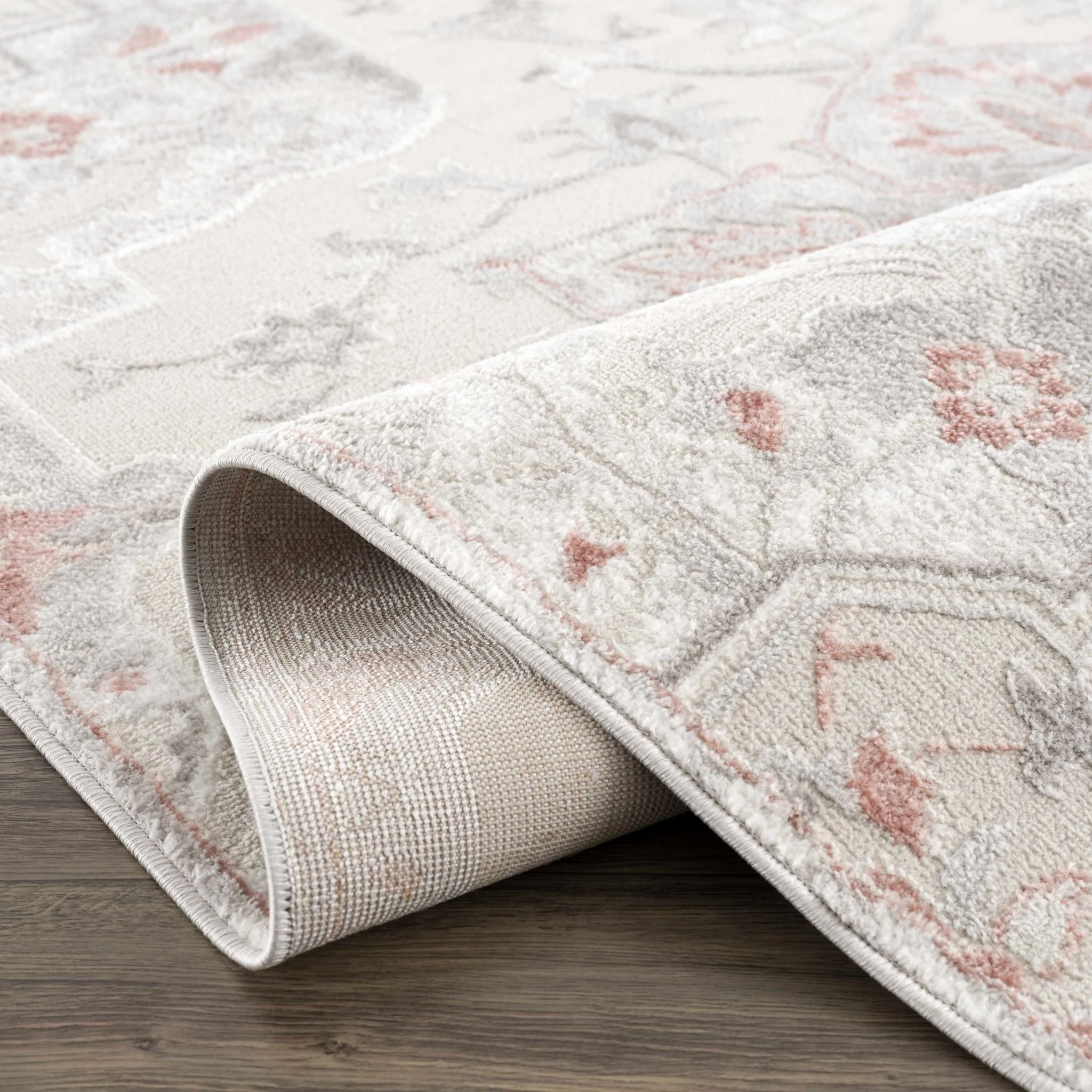 Traditional Floral Medallion Ivory, Silver and Peach Area Rug - Image 9