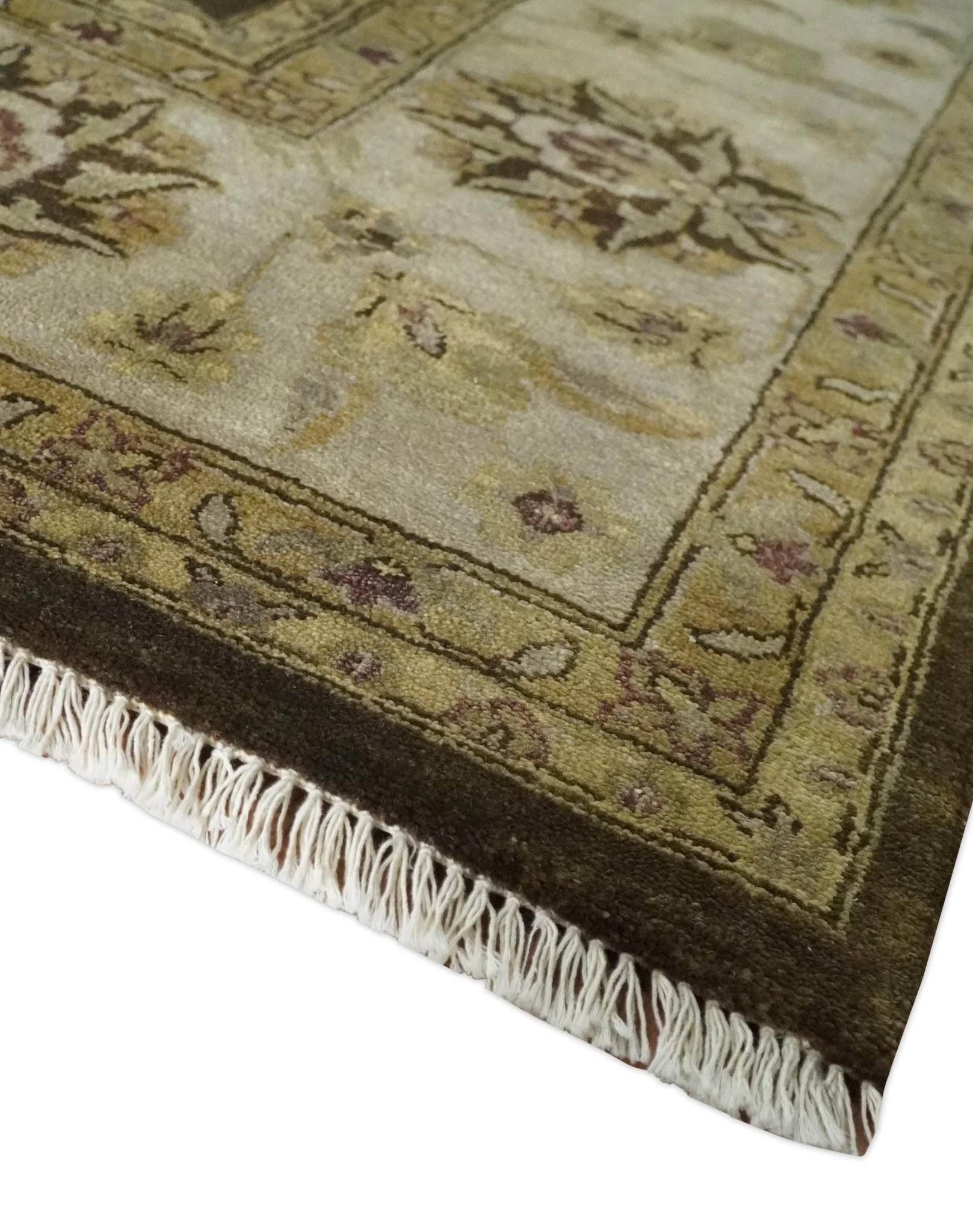 Traditional Floral Olive and Brown Hand knotted Oushak 9.7x13.11 wool Area Rug - Image 3