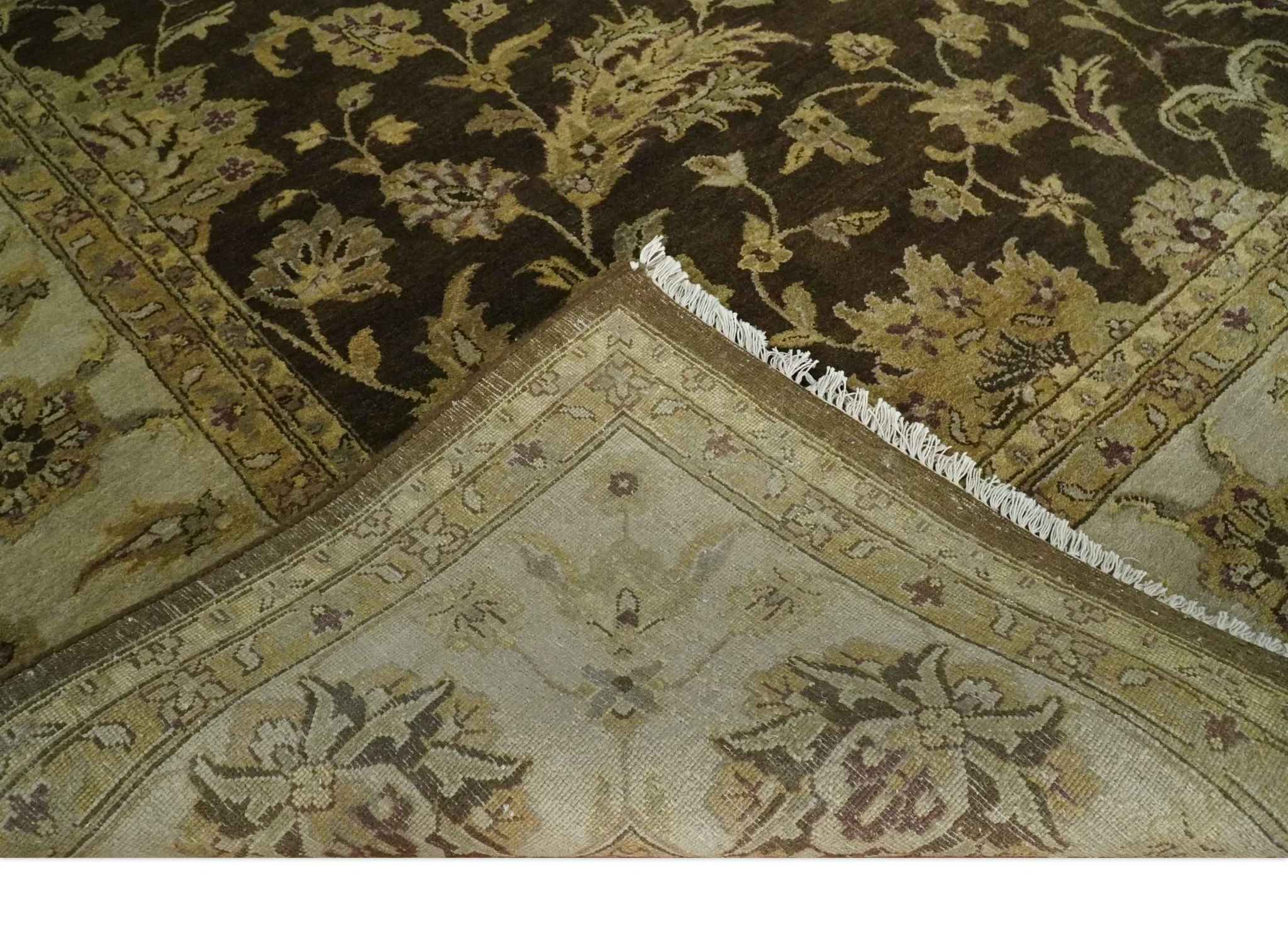 Traditional Floral Olive and Brown Hand knotted Oushak 9.7x13.11 wool Area Rug - Image 5