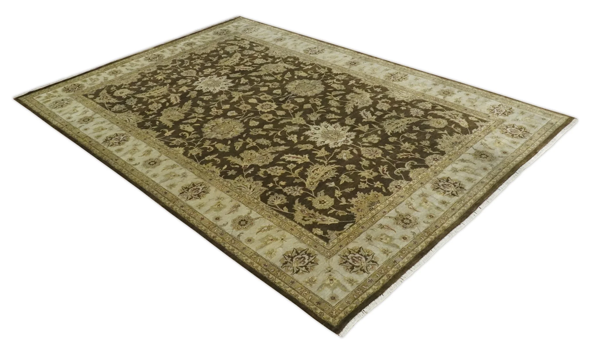 Traditional Floral Olive and Brown Hand knotted Oushak 9.7x13.11 wool Area Rug - Image 7