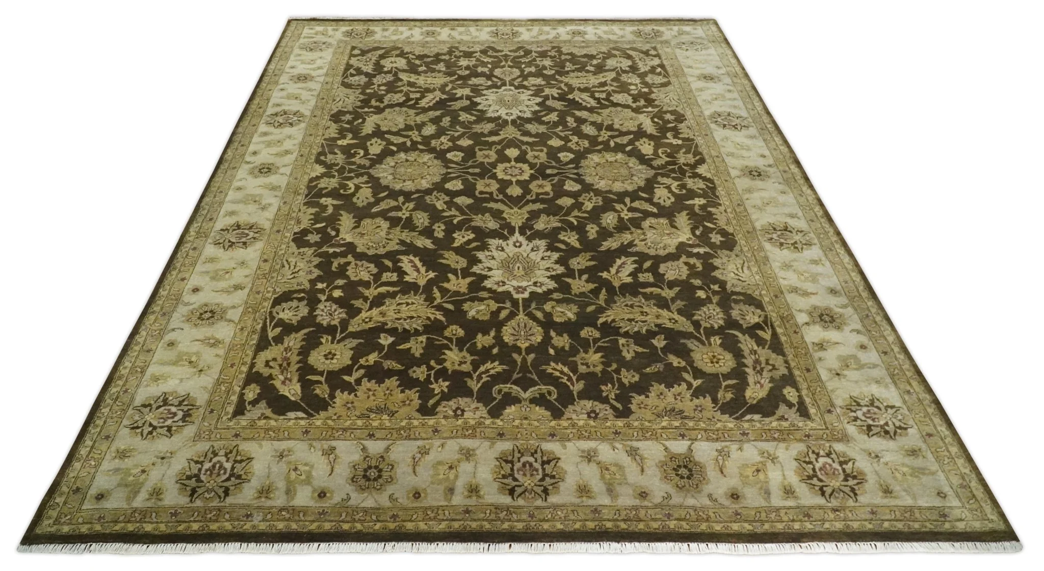Traditional Floral Olive and Brown Hand knotted Oushak 9.7x13.11 wool Area Rug - Image 8