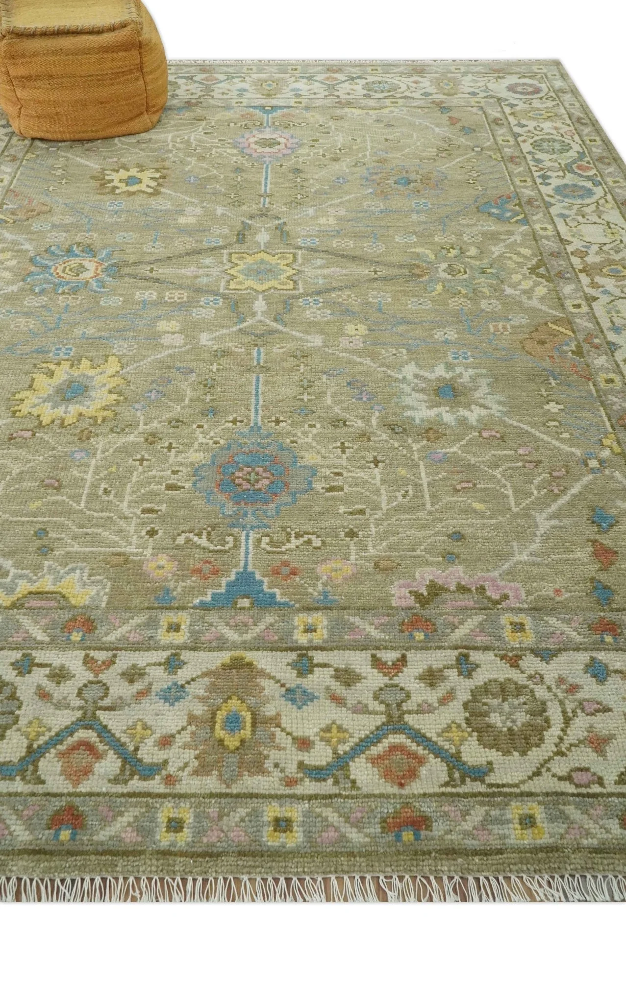 Traditional Floral Olive and Ivory Hand Knotted Oriental Oushak Custom Made wool area rug - Image 10