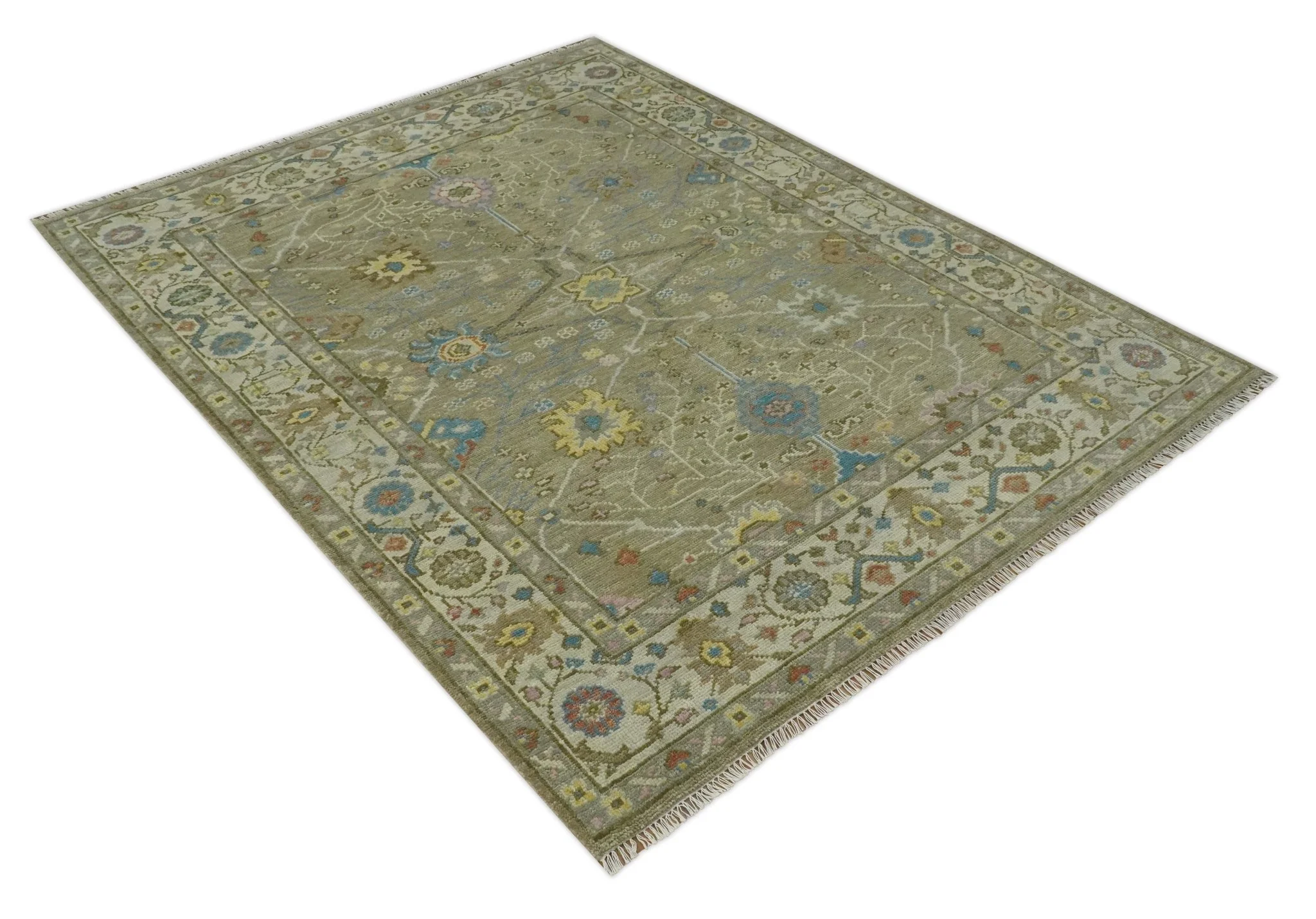 Traditional Floral Olive and Ivory Hand Knotted Oriental Oushak Custom Made wool area rug - Image 3
