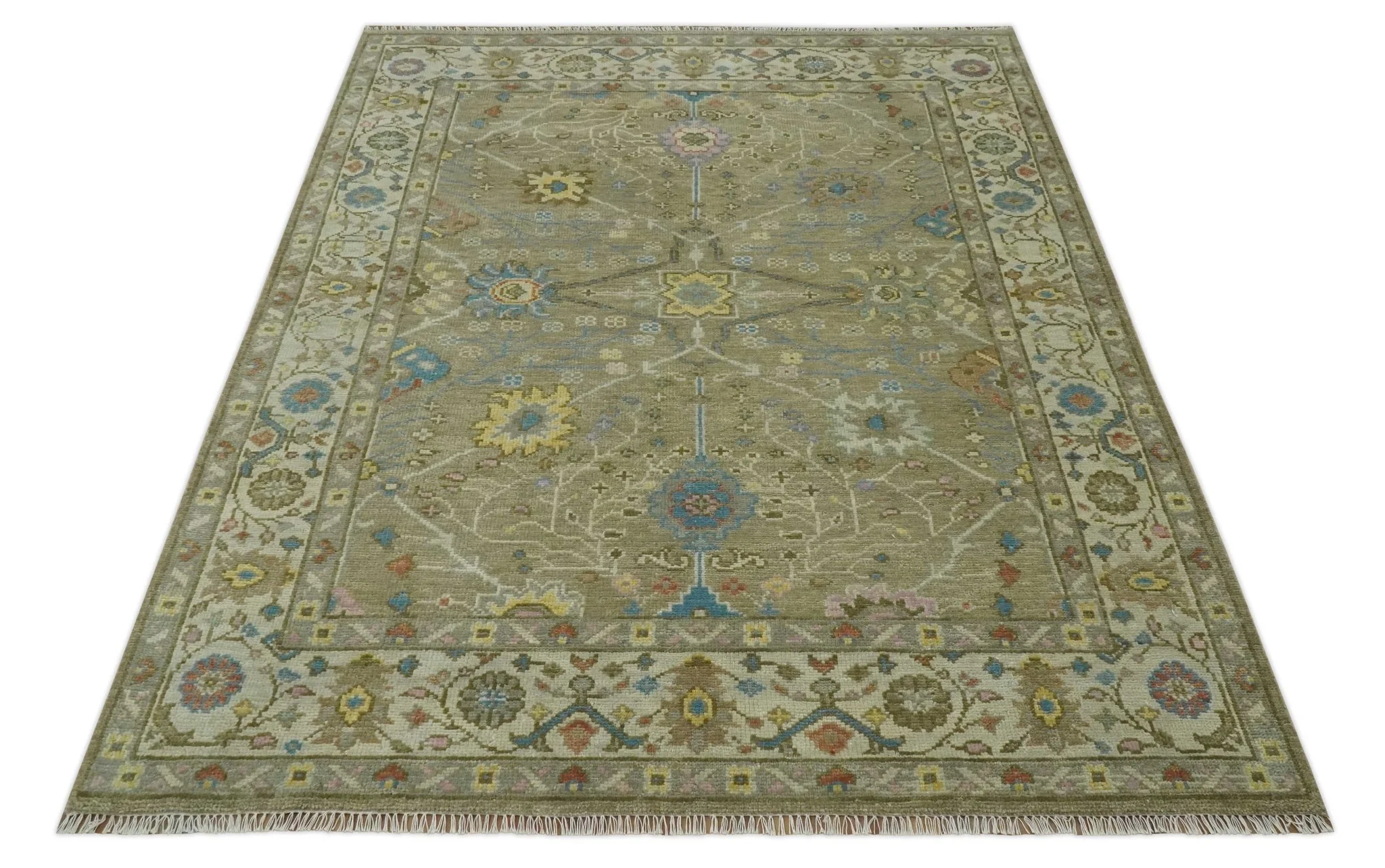 Traditional Floral Olive and Ivory Hand Knotted Oriental Oushak Custom Made wool area rug - Image 4