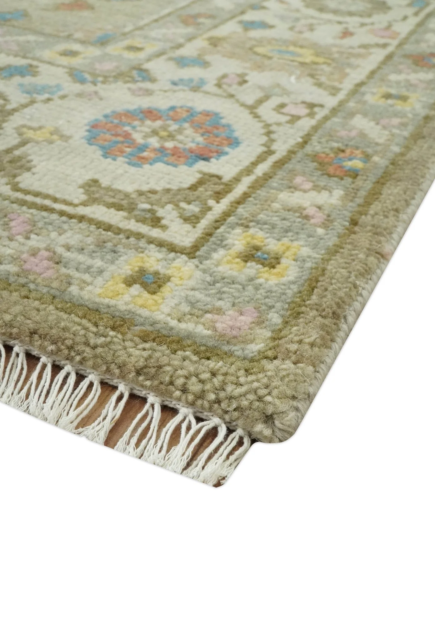 Traditional Floral Olive and Ivory Hand Knotted Oriental Oushak Custom Made wool area rug - Image 9