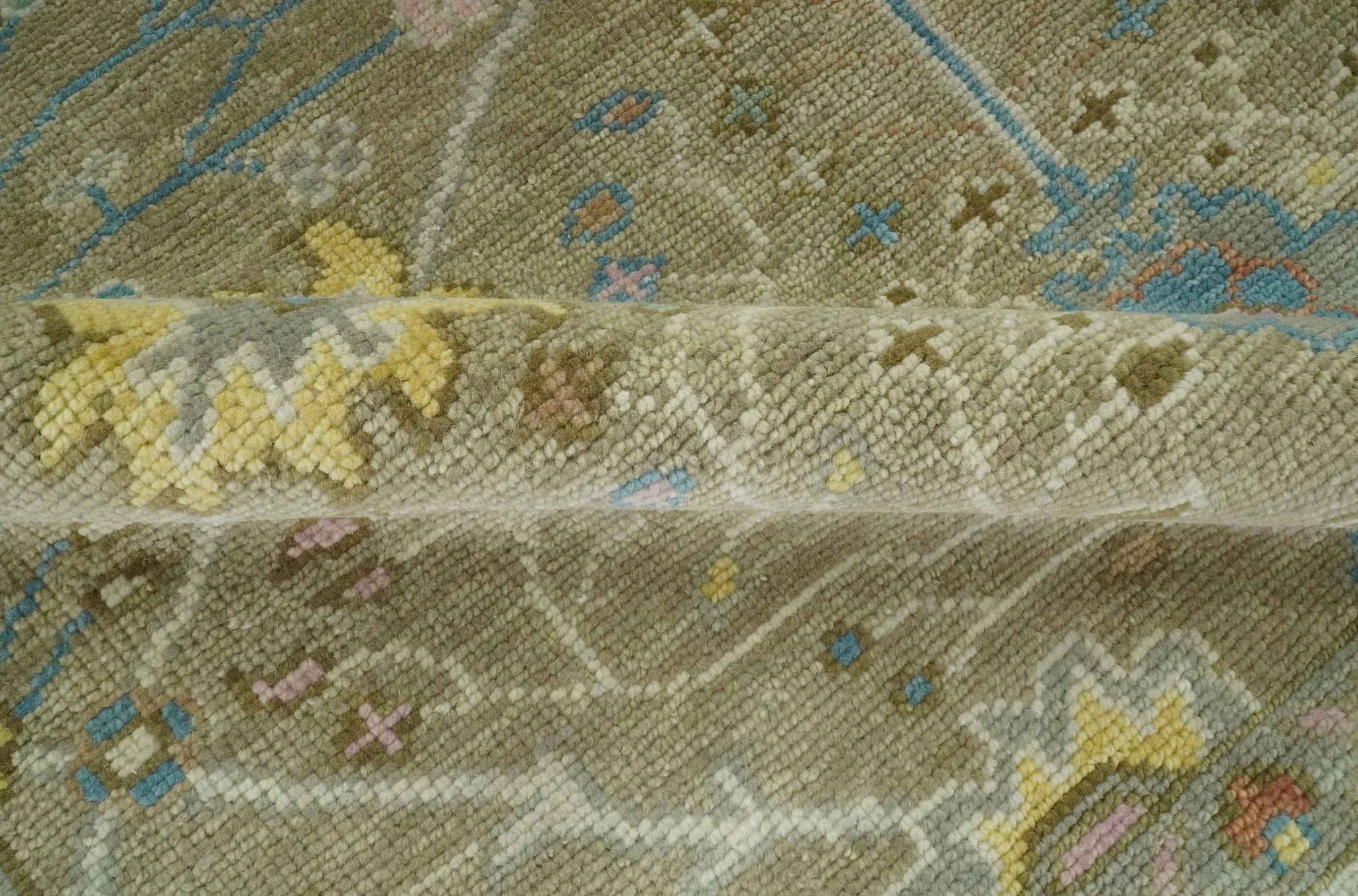Traditional Floral Olive and Ivory 8x10 Hand Knotted Oriental Oushak wool area rug - Image 6